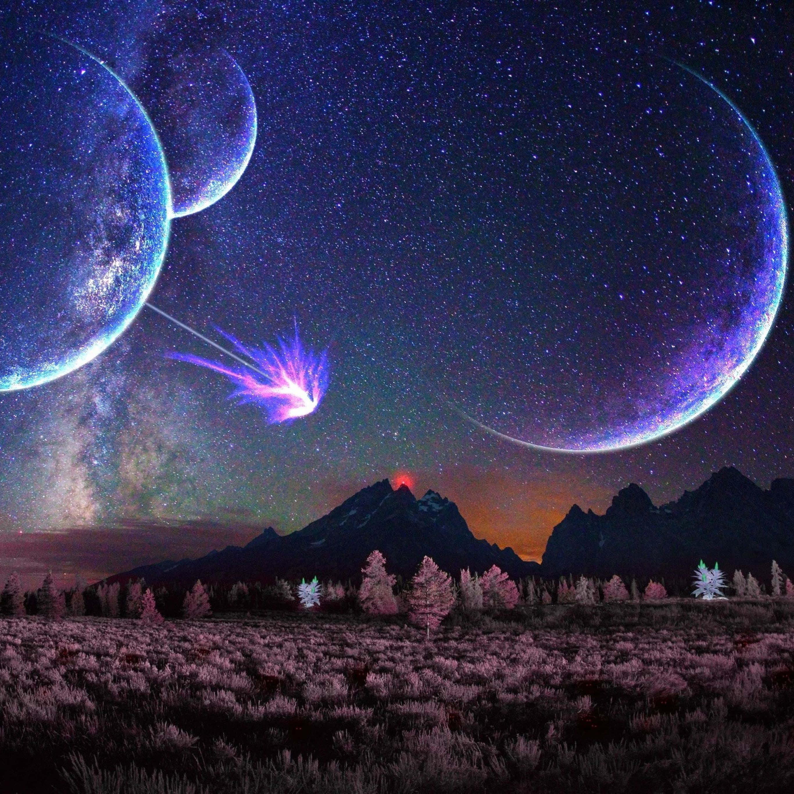 3d Space, glowing purple planets, shooting star, 2K Desktop Wallpaper