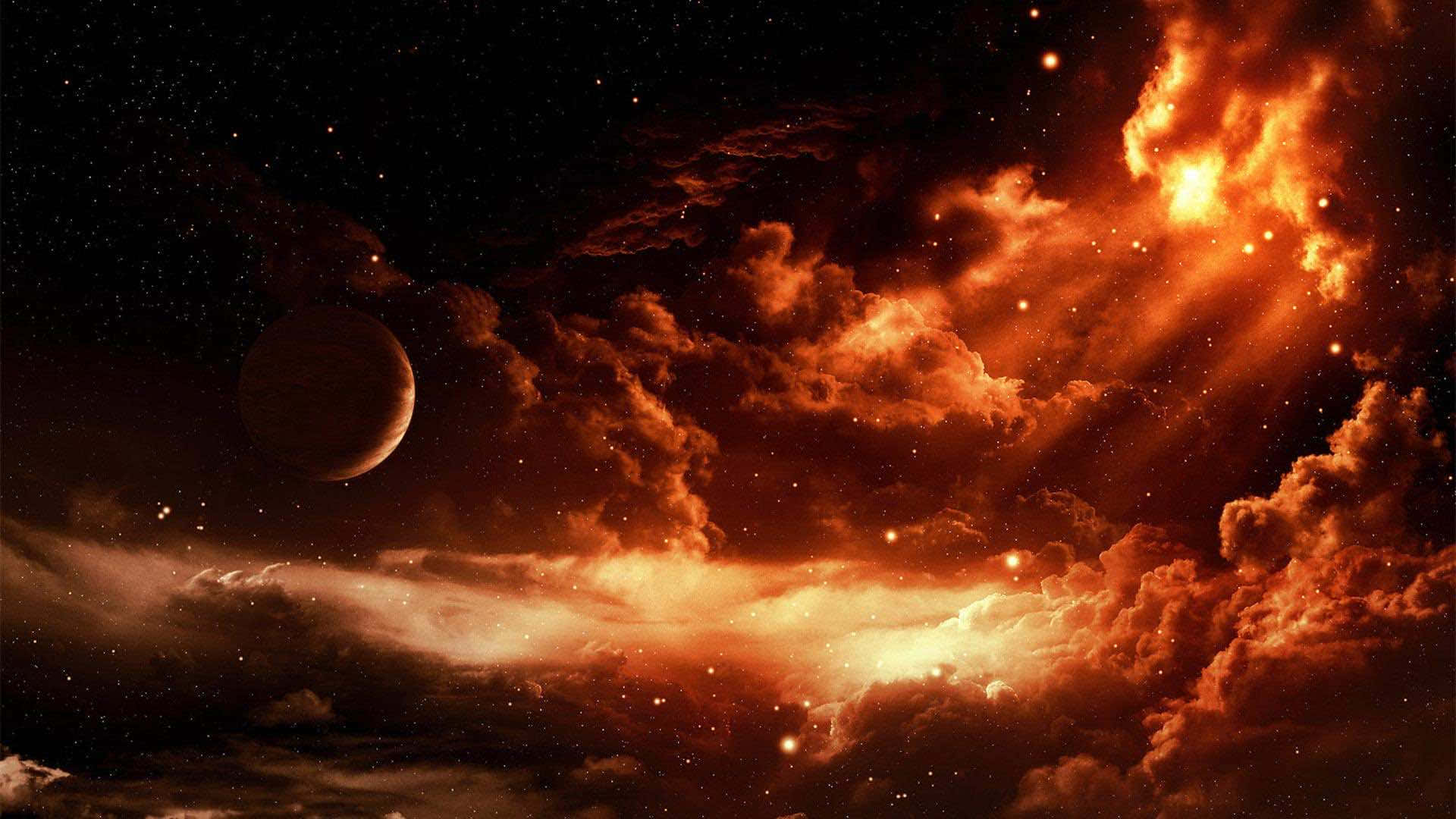 3d Space, fiery orange nebula, starry cosmic sky, Full HD Desktop Wallpaper