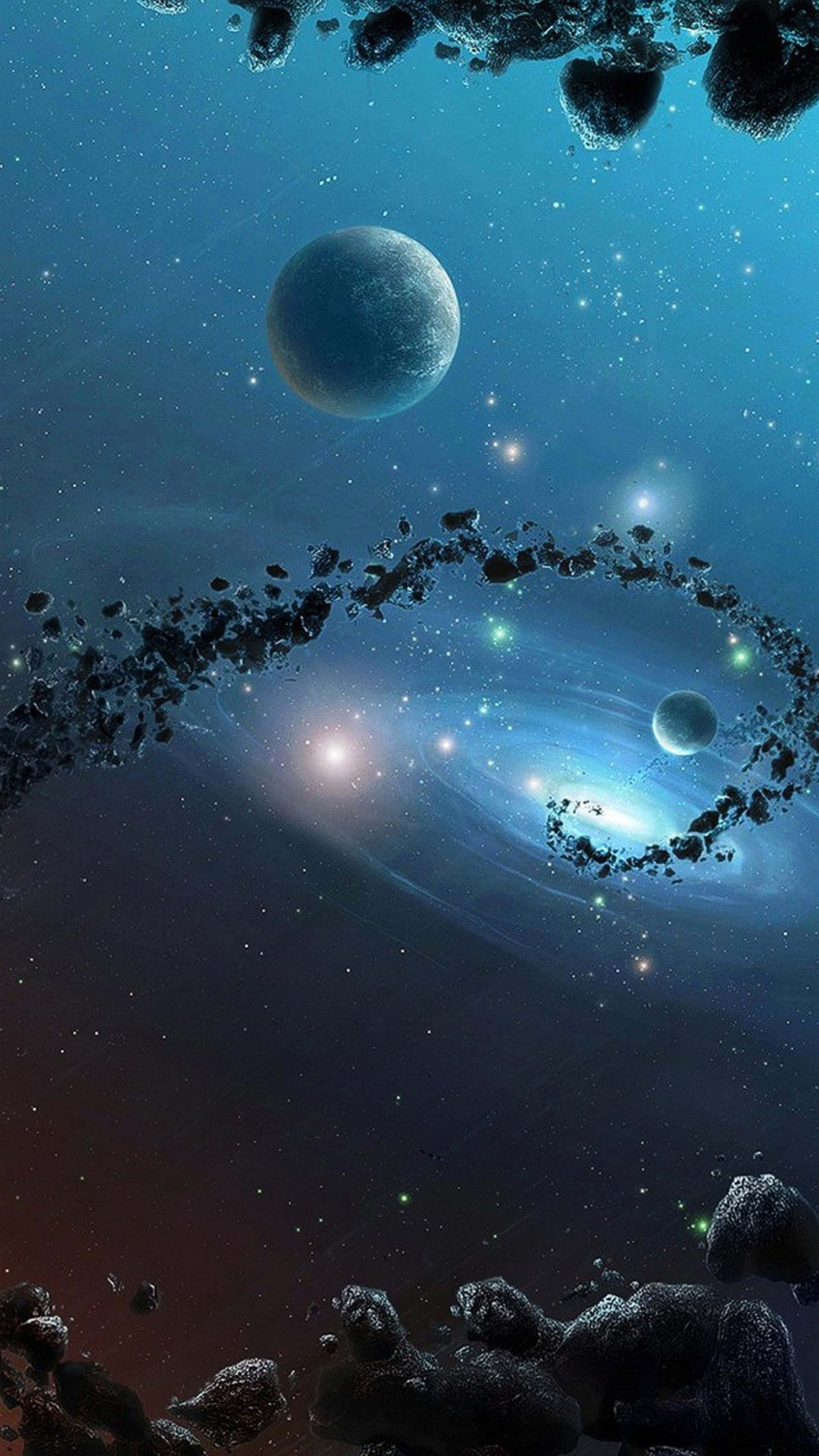 3d Space, glowing spiral galaxy, floating asteroids, 4K Phone Wallpaper