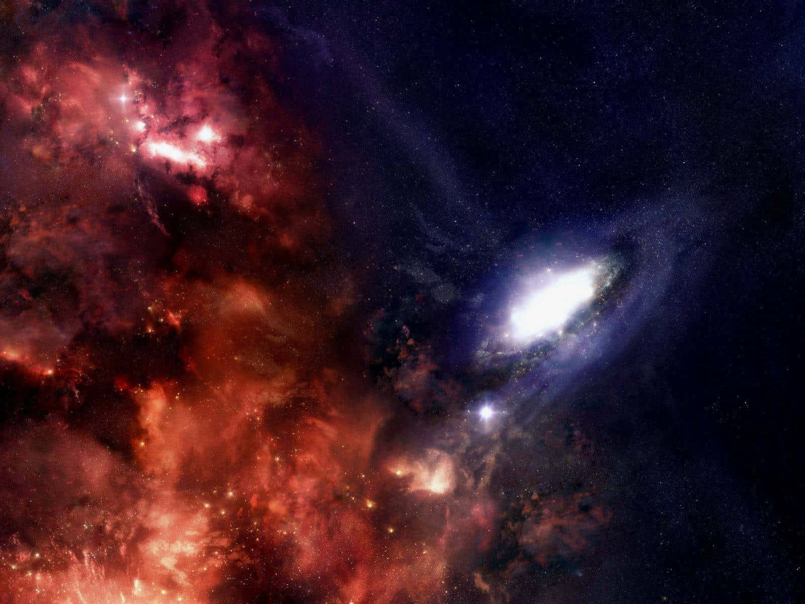 3d Space, glowing spiral galaxy, fiery red nebulae, HD Desktop Wallpaper
