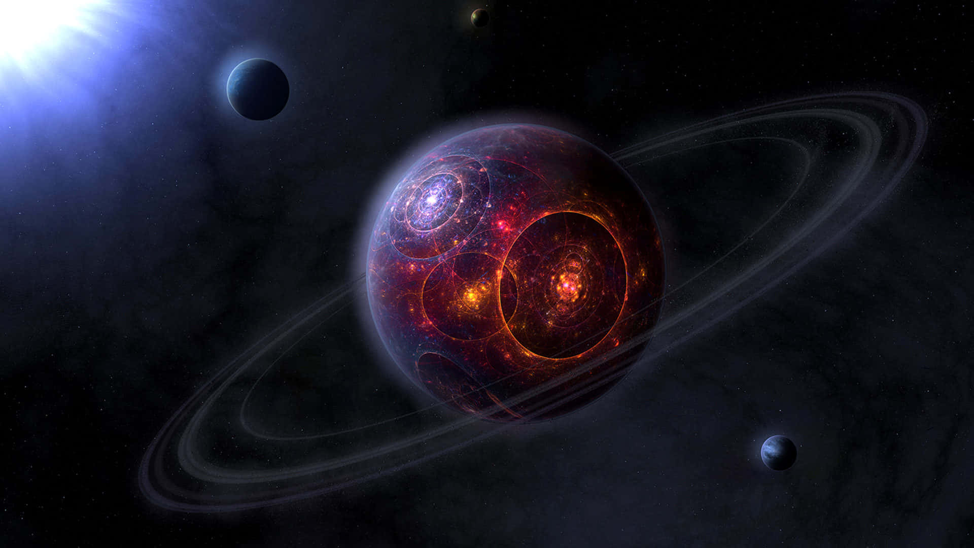 3d Space, fiery cosmic planet, glowing rings, Full HD Desktop Wallpaper