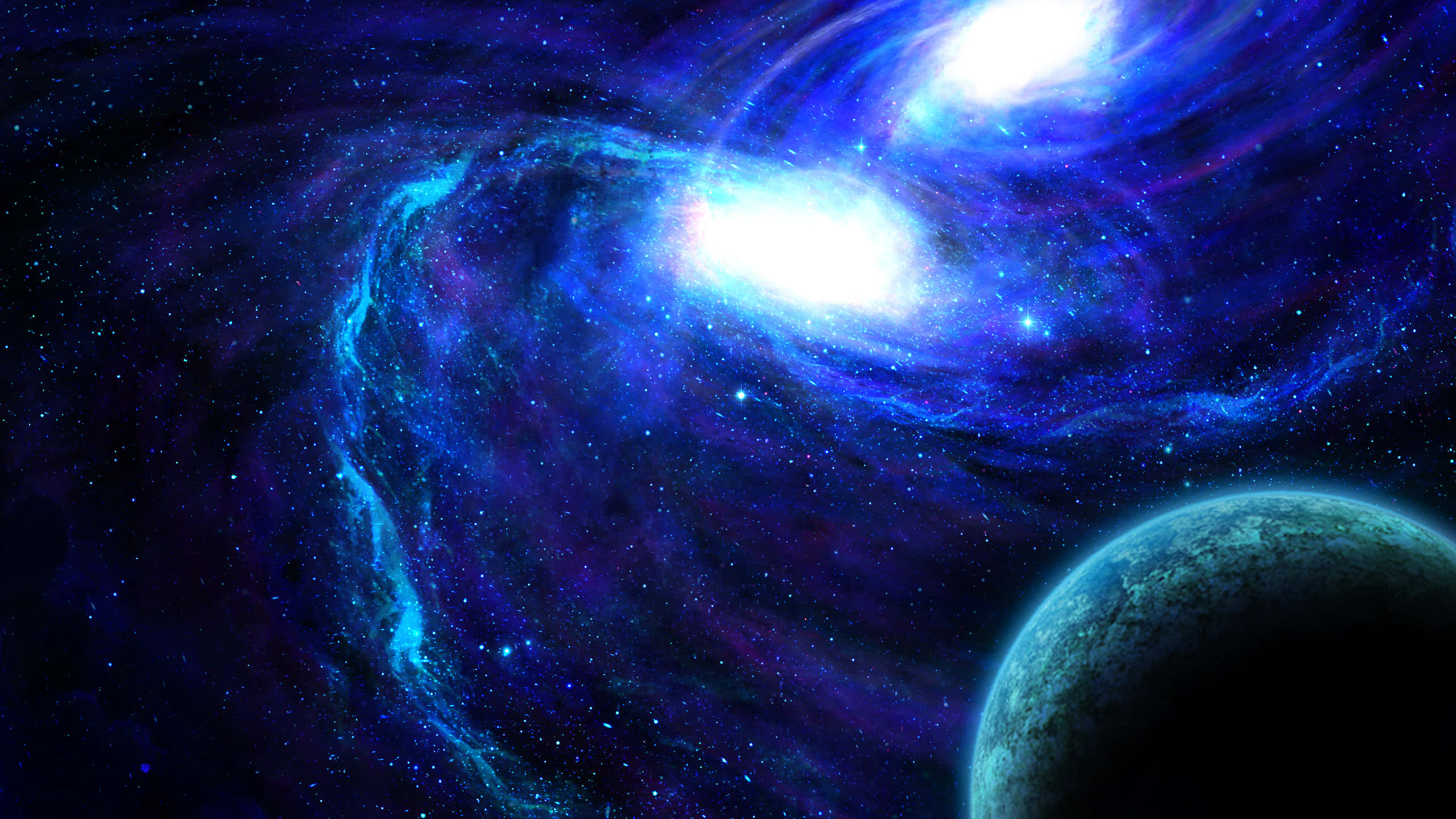 3d Space, swirling blue and purple galaxy, bright core, 2K Desktop Wallpaper