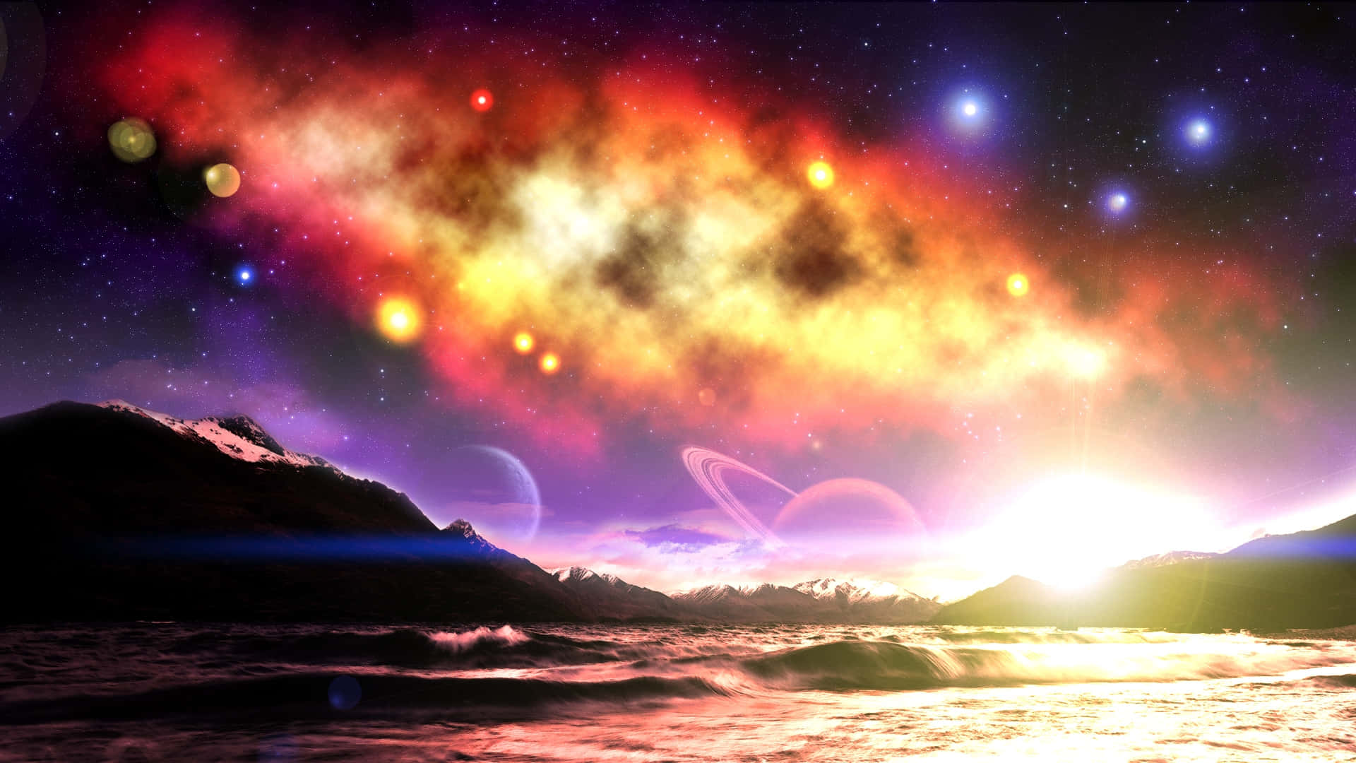 3d Space, sunset, glowing nebulae, Full HD Desktop Wallpaper
