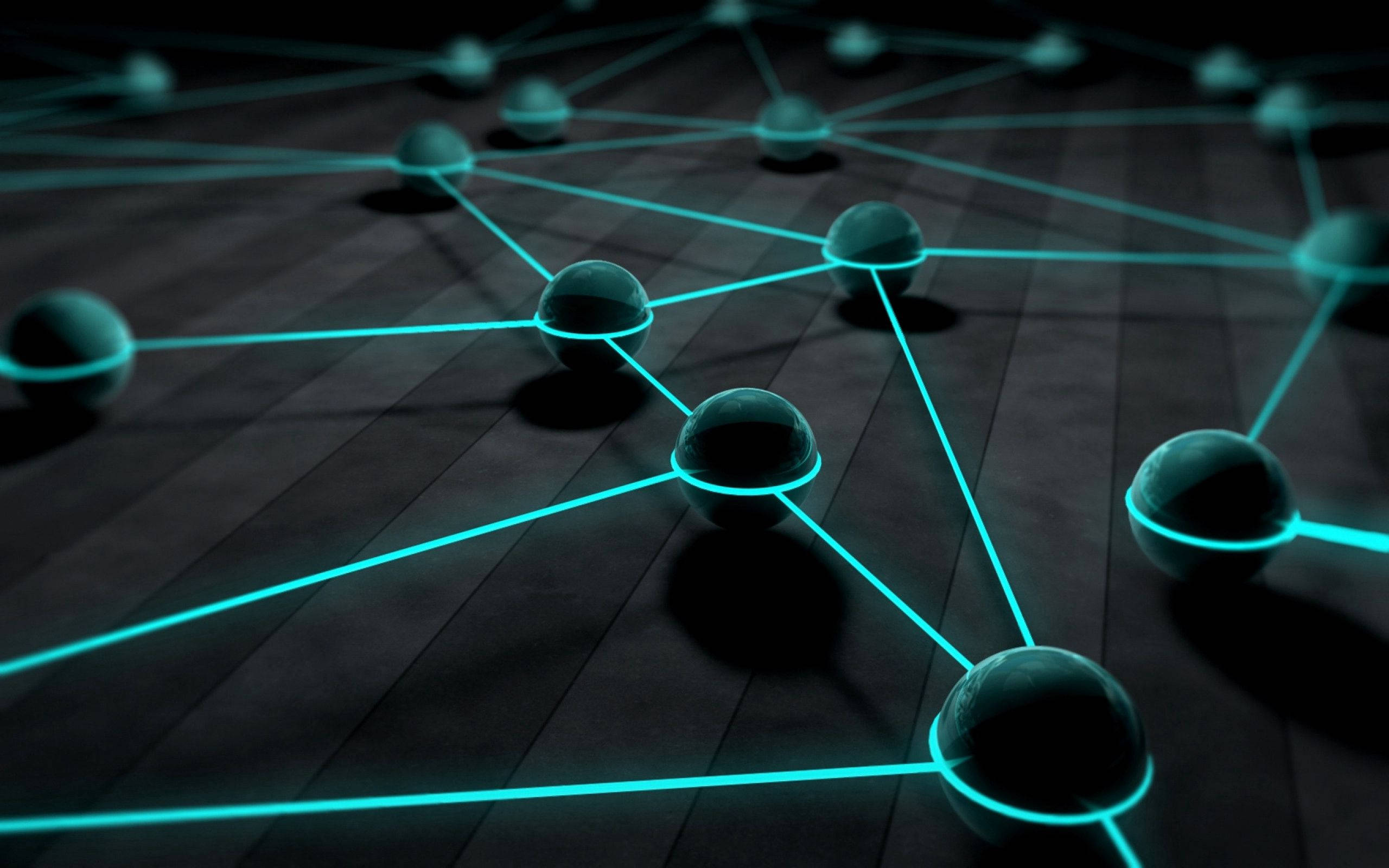 glowing cyan lines, dark spheres, wooden surface, 2K Desktop Wallpaper