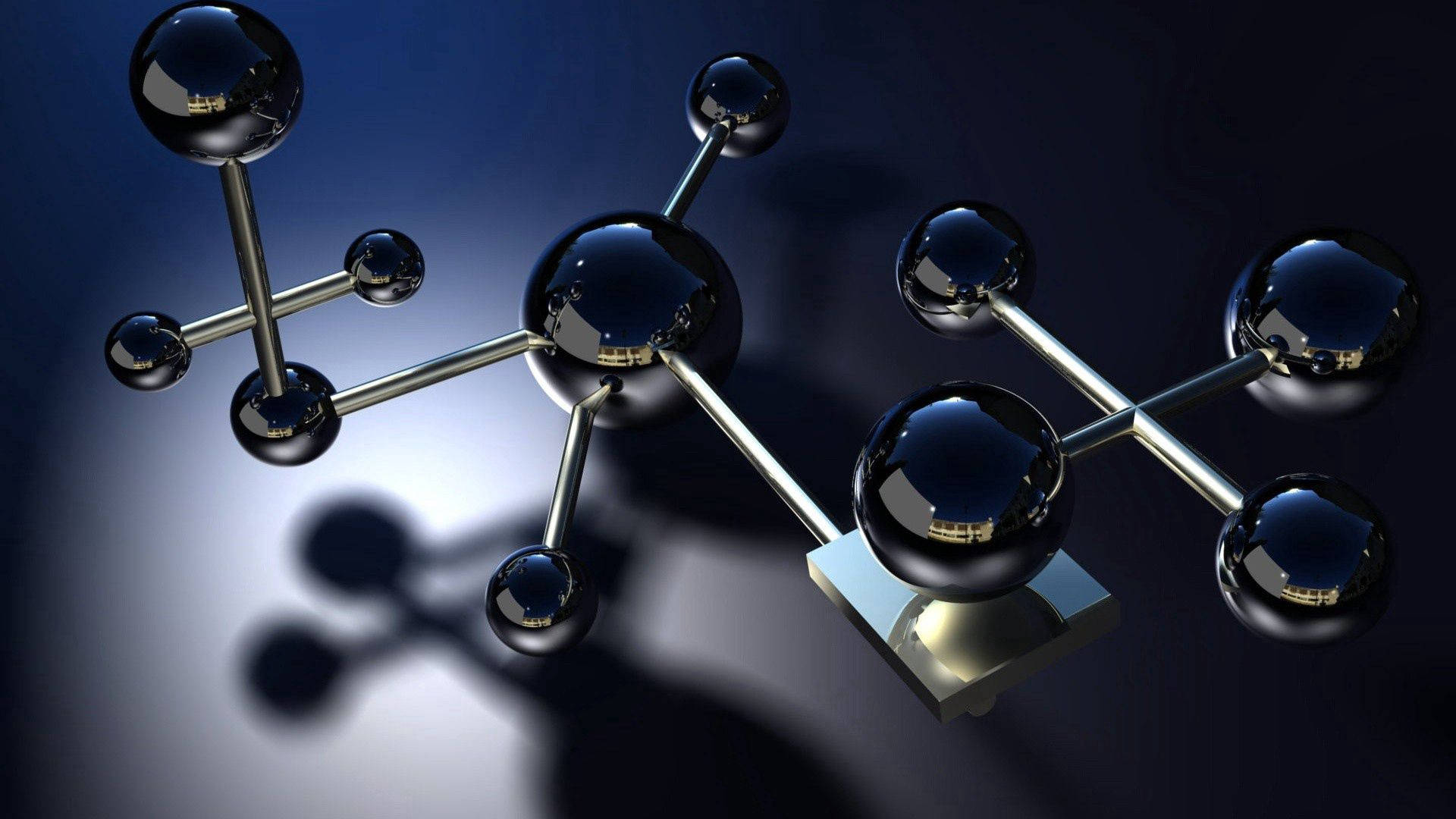 3d sphere gradient, glossy black spheres, metallic rods, Full HD Desktop Wallpaper