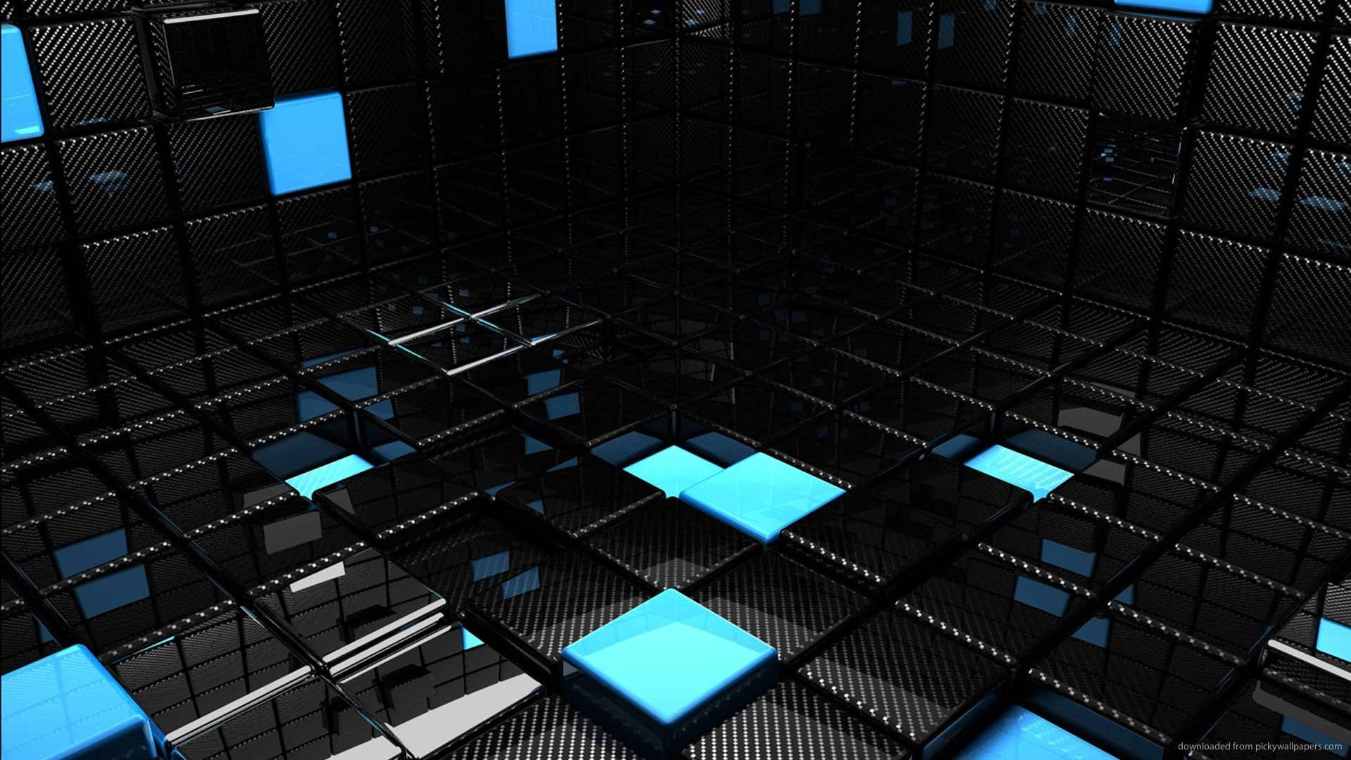 3d full room with cube walls, black cubes, glowing blue panels, Full HD Desktop Wallpaper
