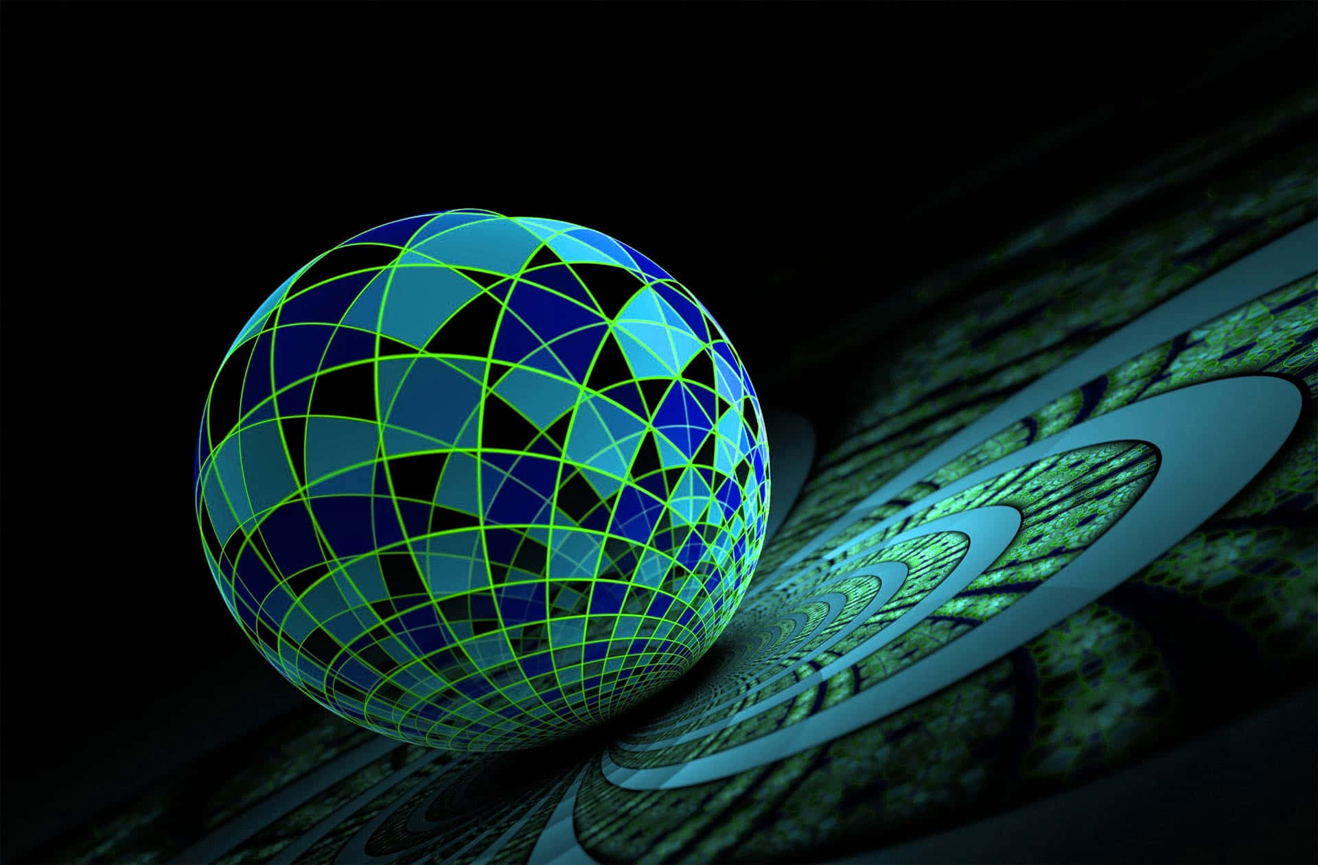 3d sphere, neon green grid lines, spiraling fractal surface, Full HD Desktop Wallpaper