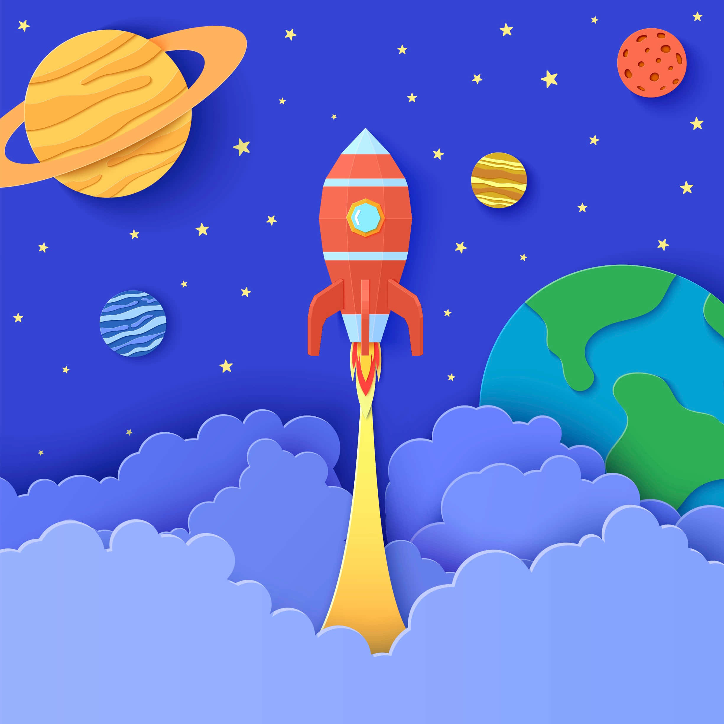 3d Space, cartoonish 3d space, colorful cartoon rocket, Full HD Desktop Wallpaper