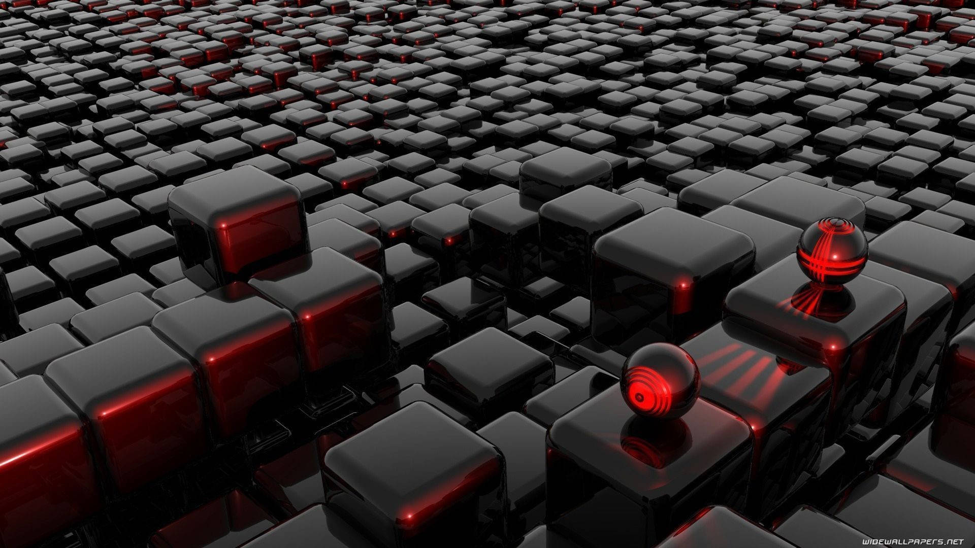 futuristic cubes, glossy black cubes, glowing red spheres, Full HD Desktop Wallpaper