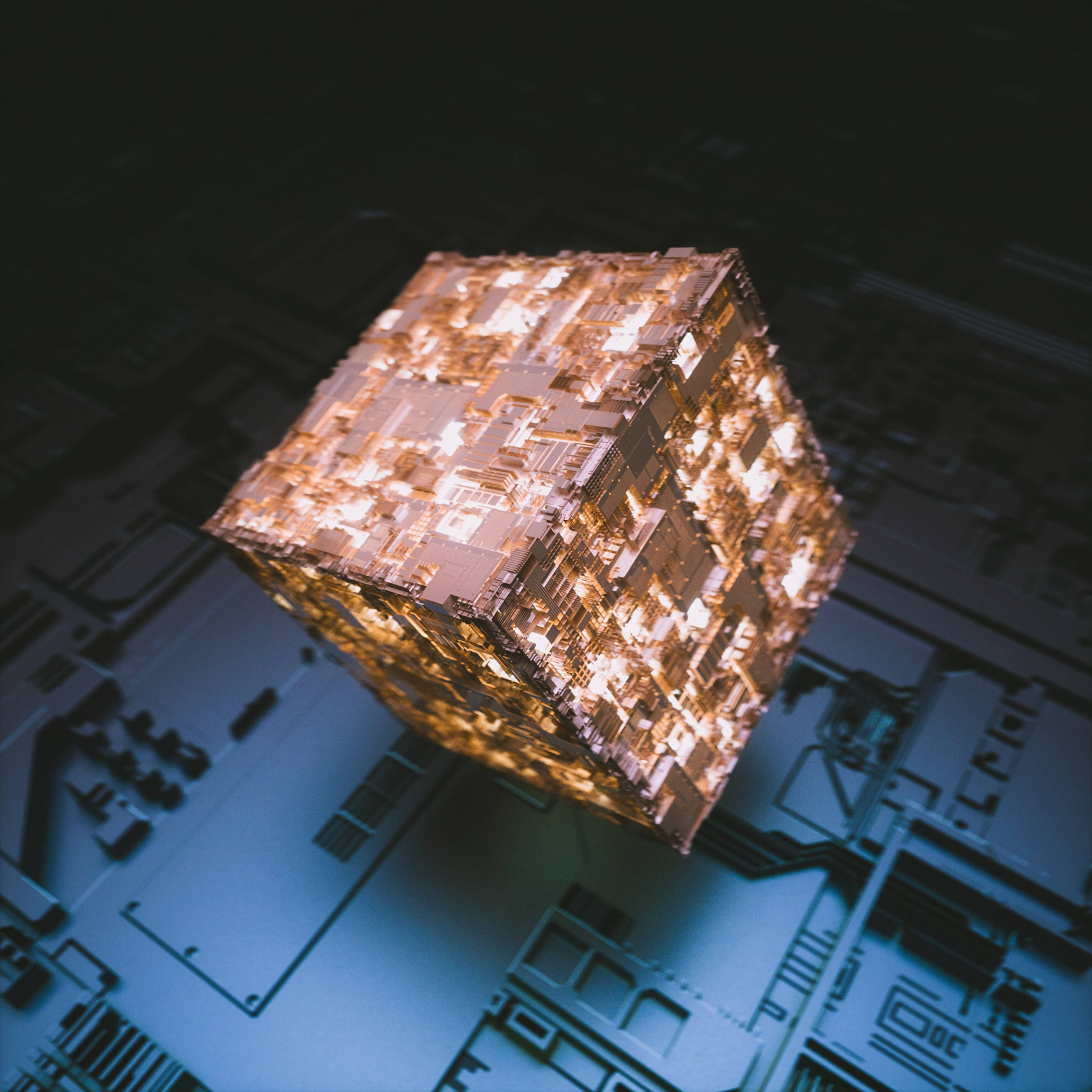 3d glowstone cube, glowing golden cube, blue circuit board, 2K Desktop Wallpaper