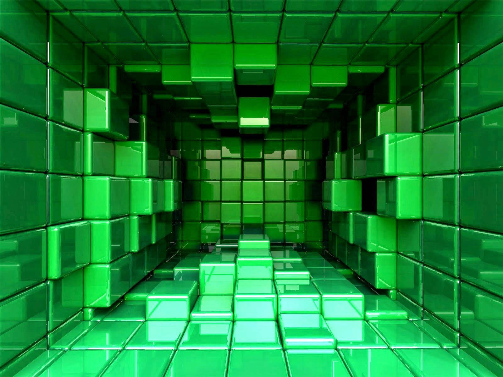 3d room of green cubes, glossy cubes, futuristic green tunnel, HD Desktop Wallpaper