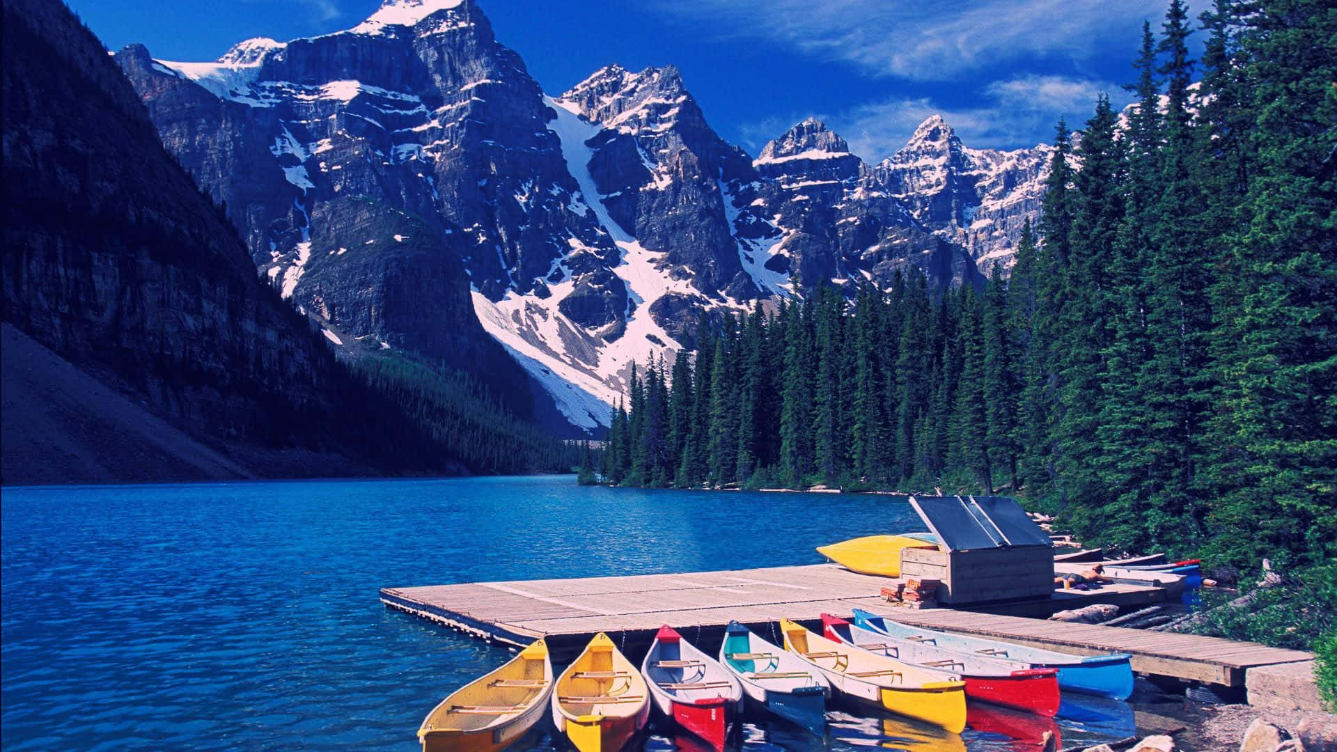 3D Travel, colorful canoes, wooden dock, Full HD Desktop Wallpaper