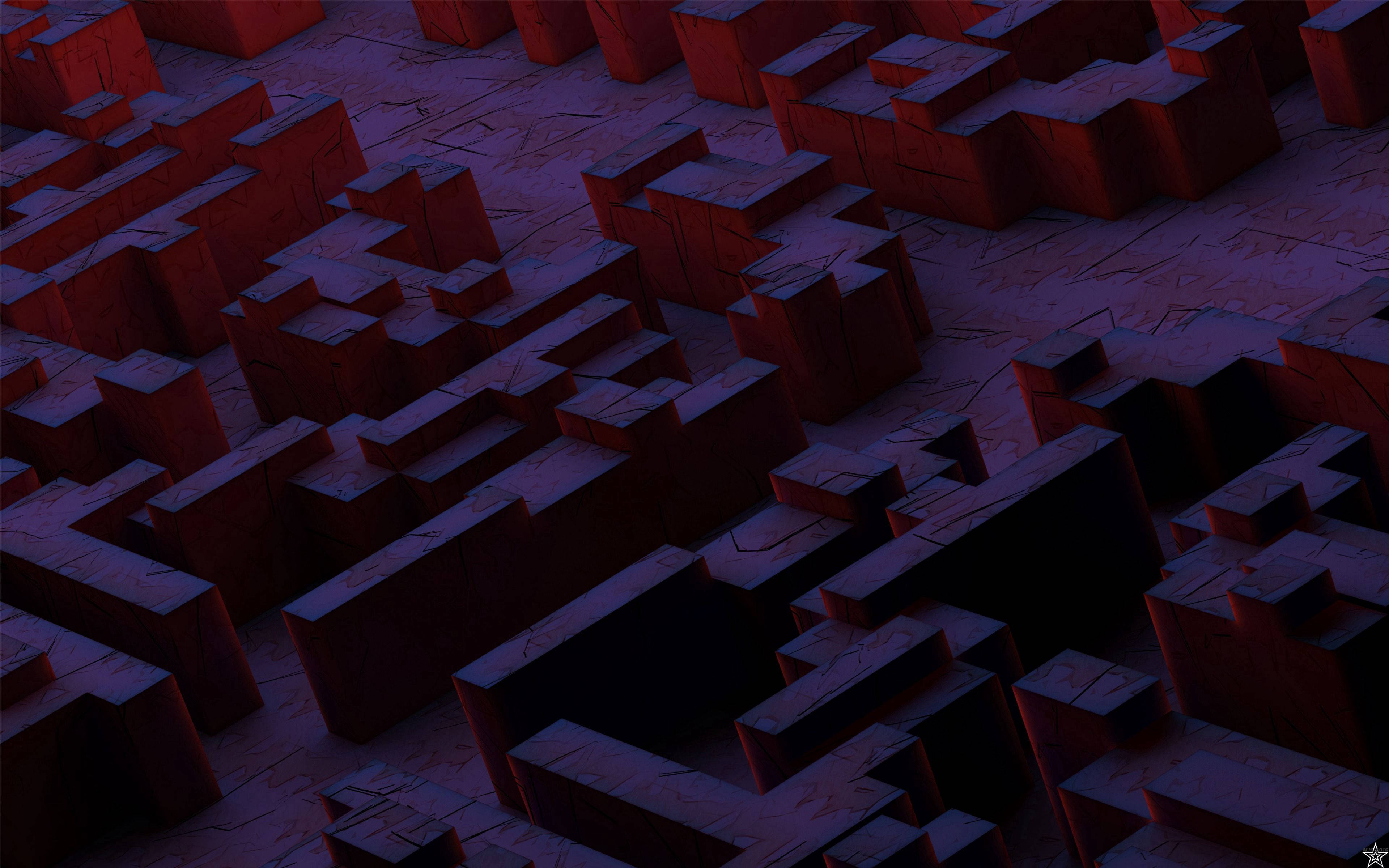 geometric 3d shapes, jagged red and purple blocks, surreal 3d-rendered maze, 4K Desktop Wallpaper