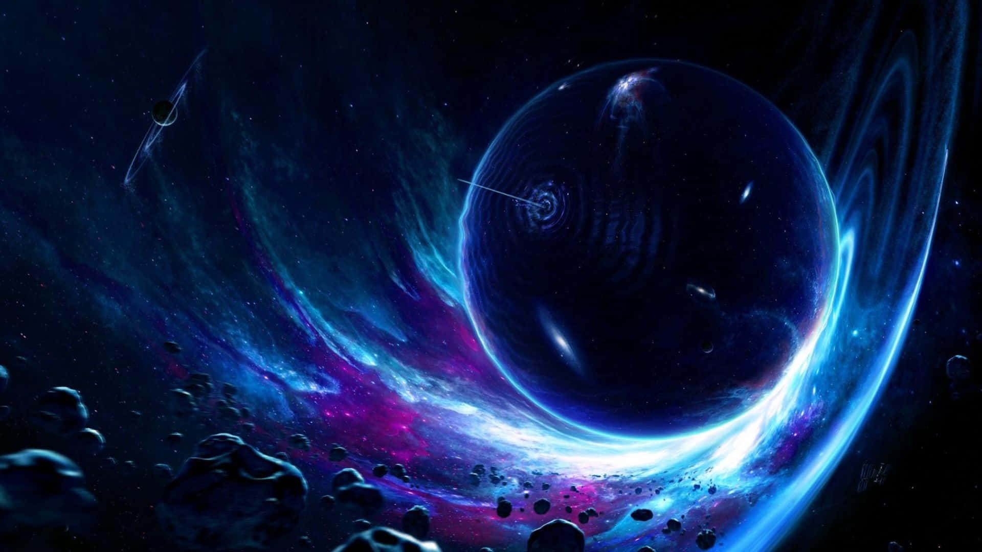 3D Galaxy, glowing blue planet, swirling nebulae, Full HD Desktop Wallpaper