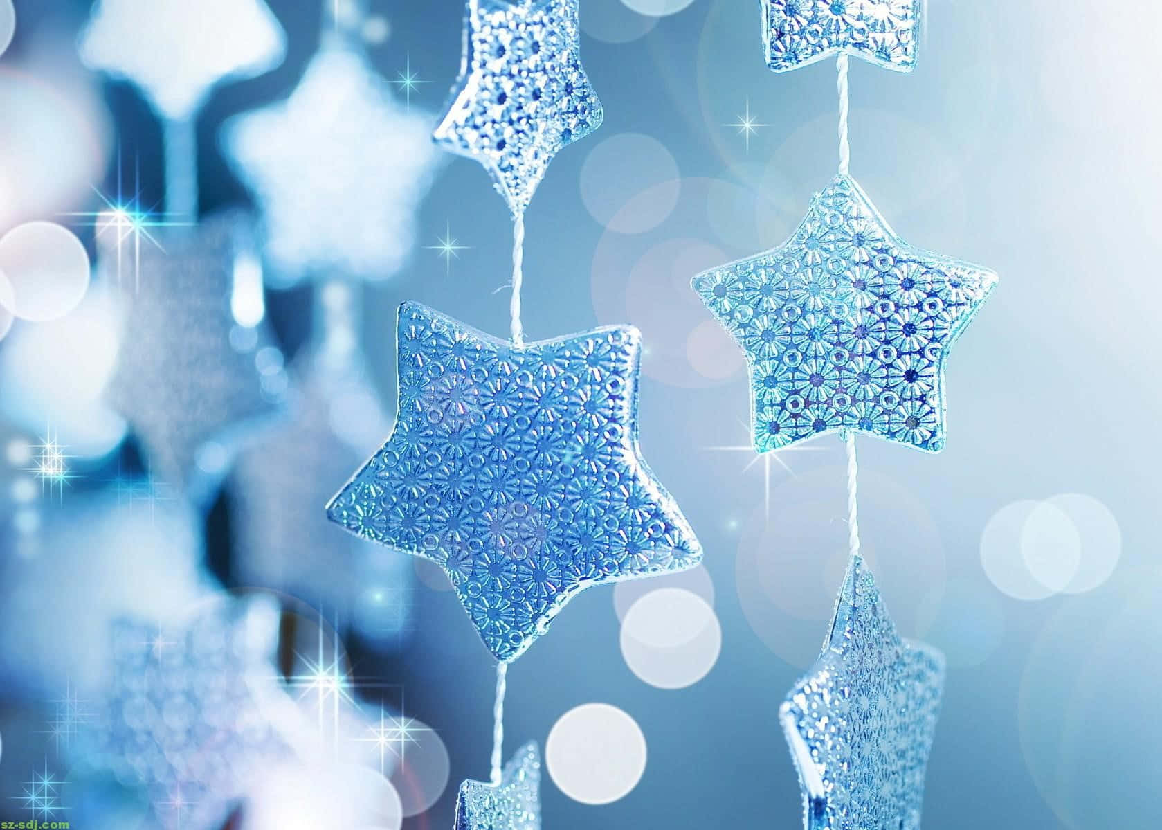 3d star, shimmering blue star ornaments, soft bokeh background, HD Desktop Wallpaper