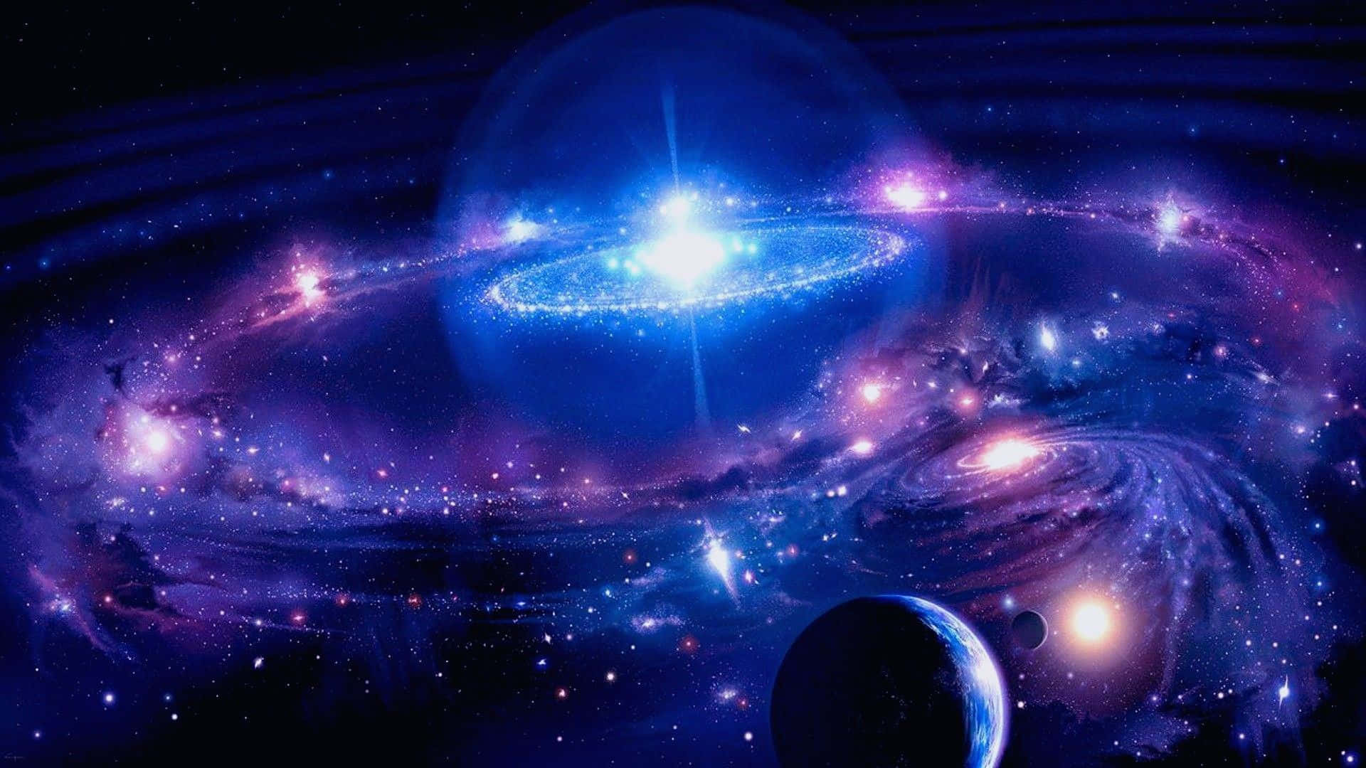 3d star, glowing blue, purple galaxies, Full HD Desktop Wallpaper
