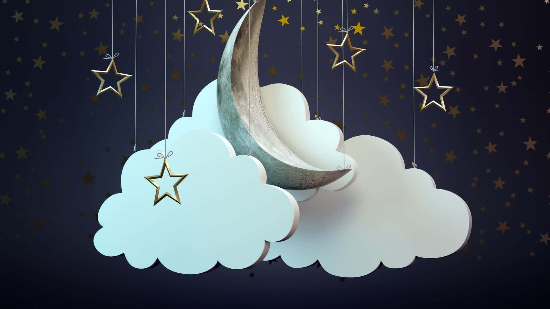 3d star, crescent moon, fluffy clouds, Full HD Desktop Wallpaper