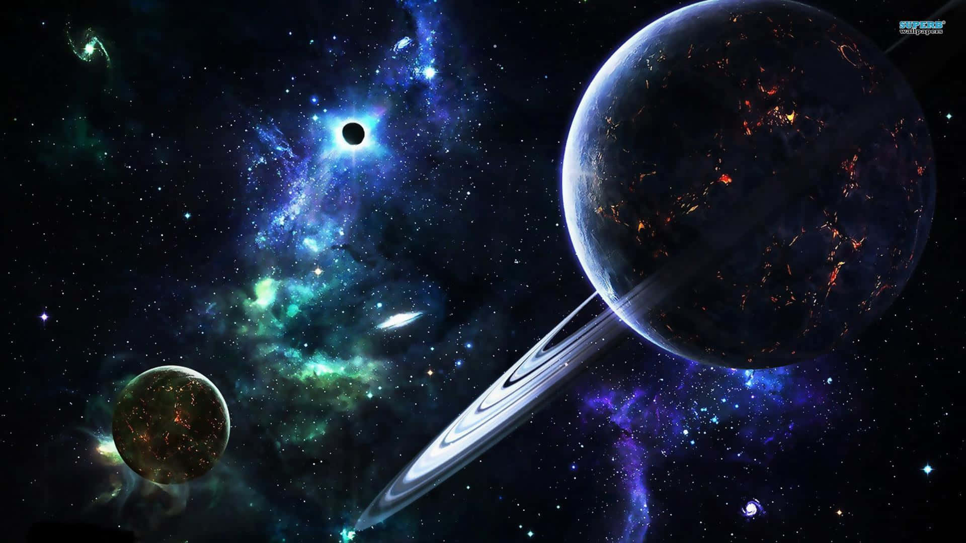 3d galaxy, ringed planet, glowing surface eruptions, Full HD Desktop Wallpaper