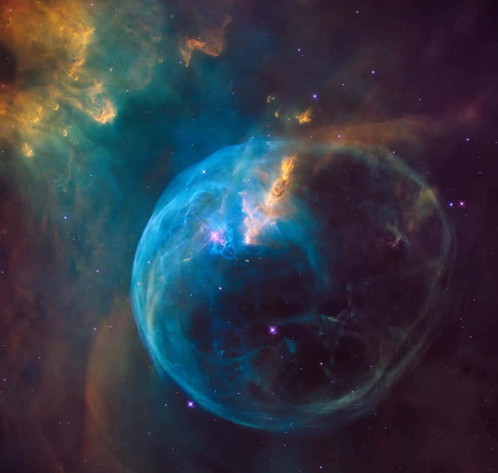 3d galaxy, glowing blue bubble nebula, swirling orange and teal cosmic clouds, SD Desktop Wallpaper