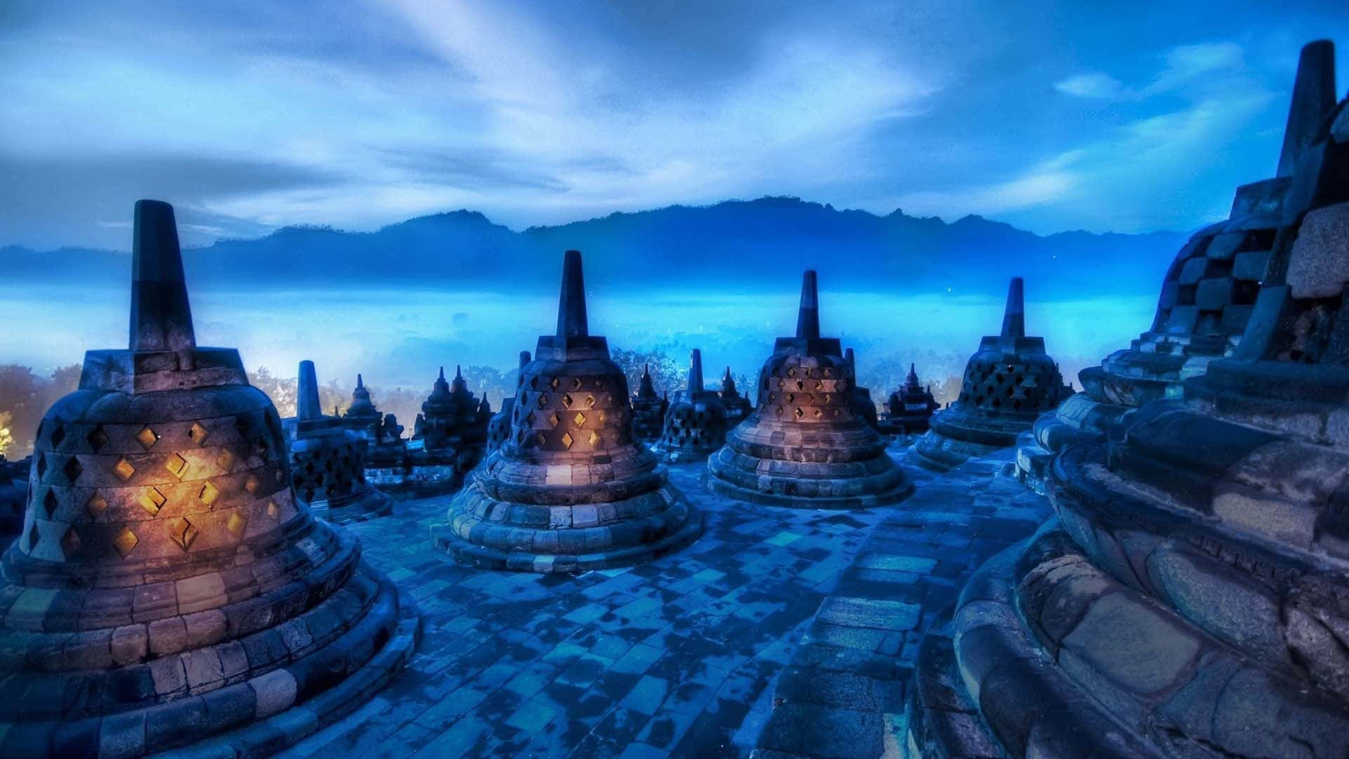 3d travel, Ancient stone stupas, cool blue twilight sky, Full HD Desktop Wallpaper