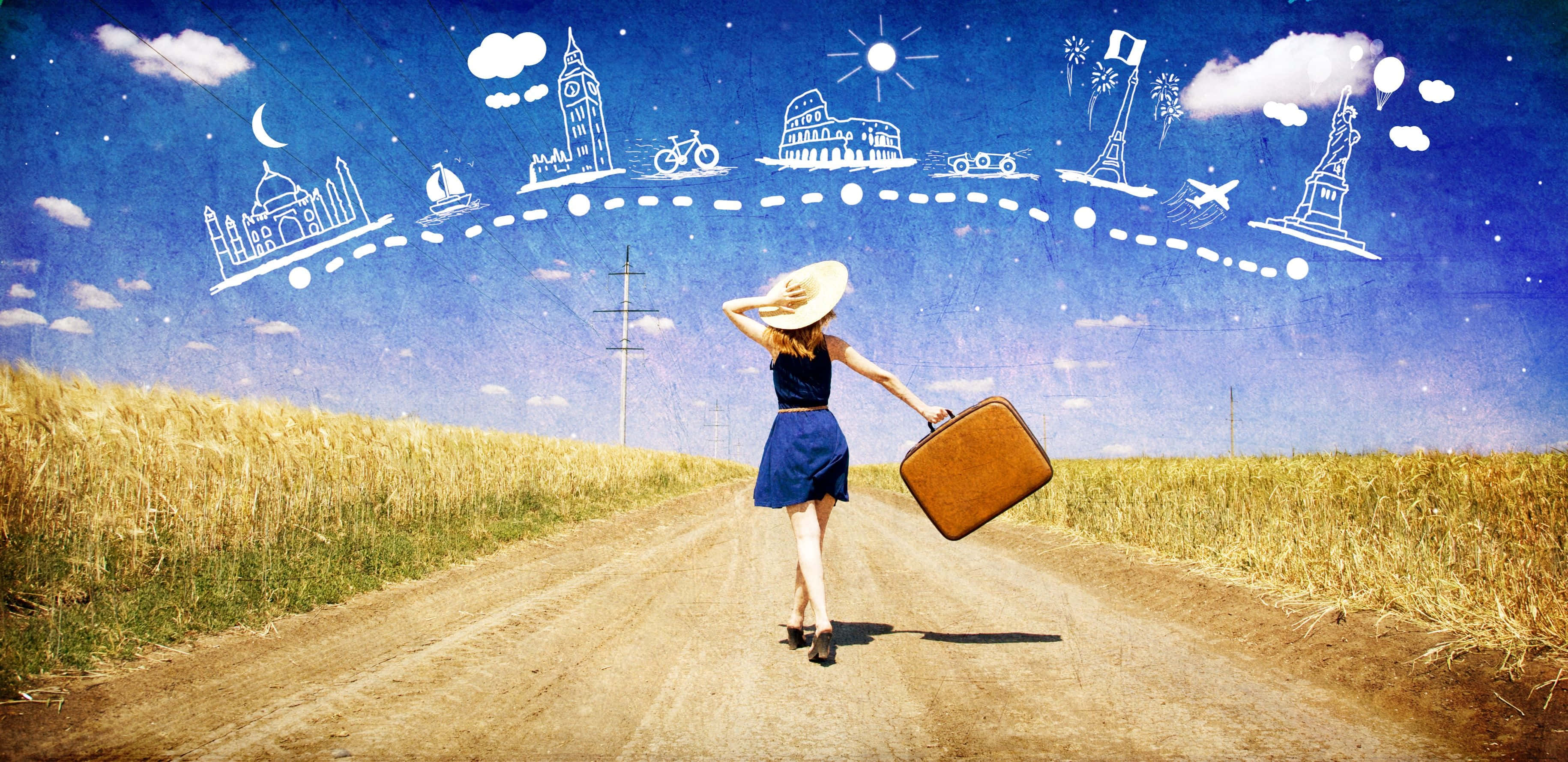 3d travel, floating airship, blue dress, 2K Desktop Wallpaper