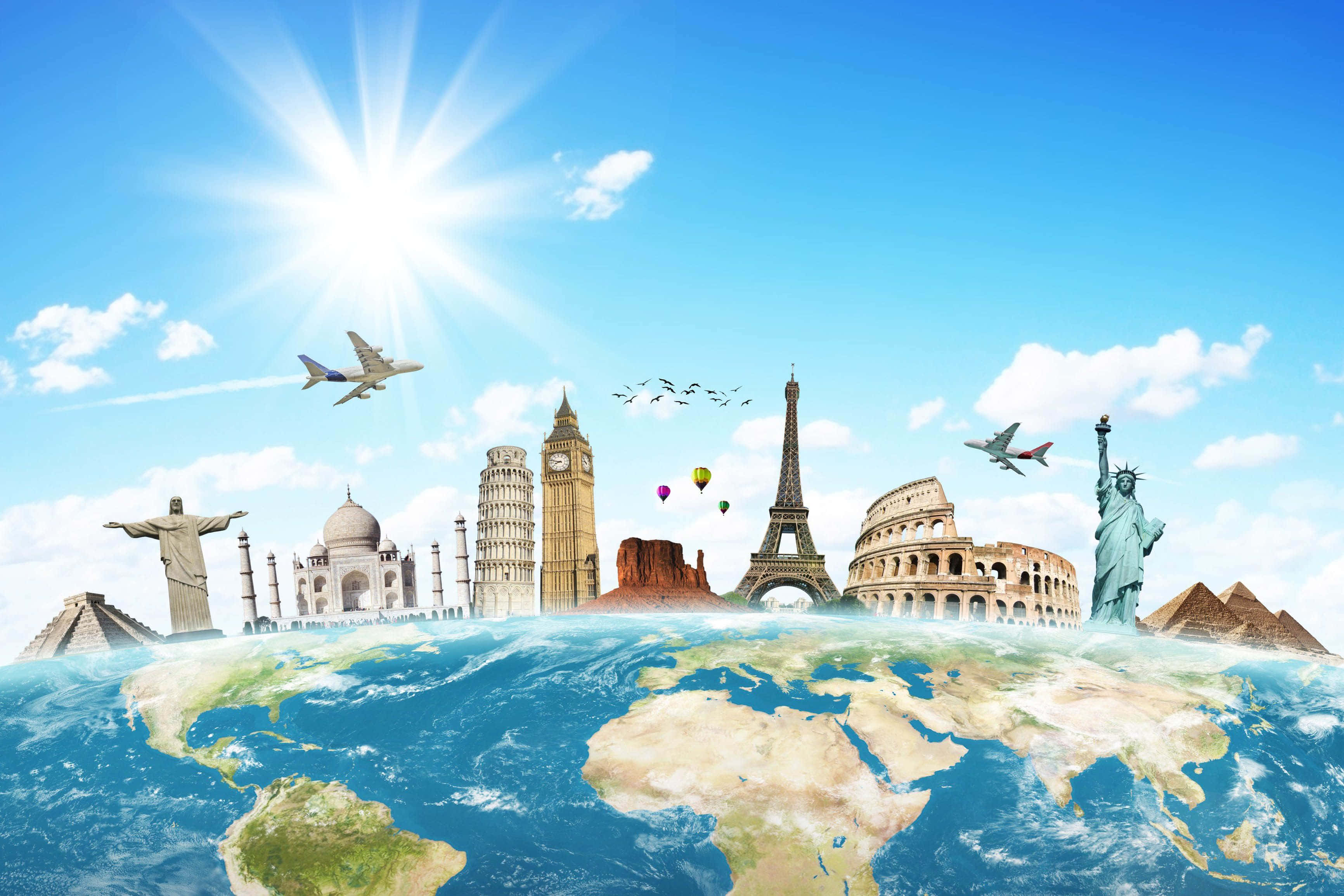 3d Travel, blue planet, bright sun, 2K Desktop Wallpaper