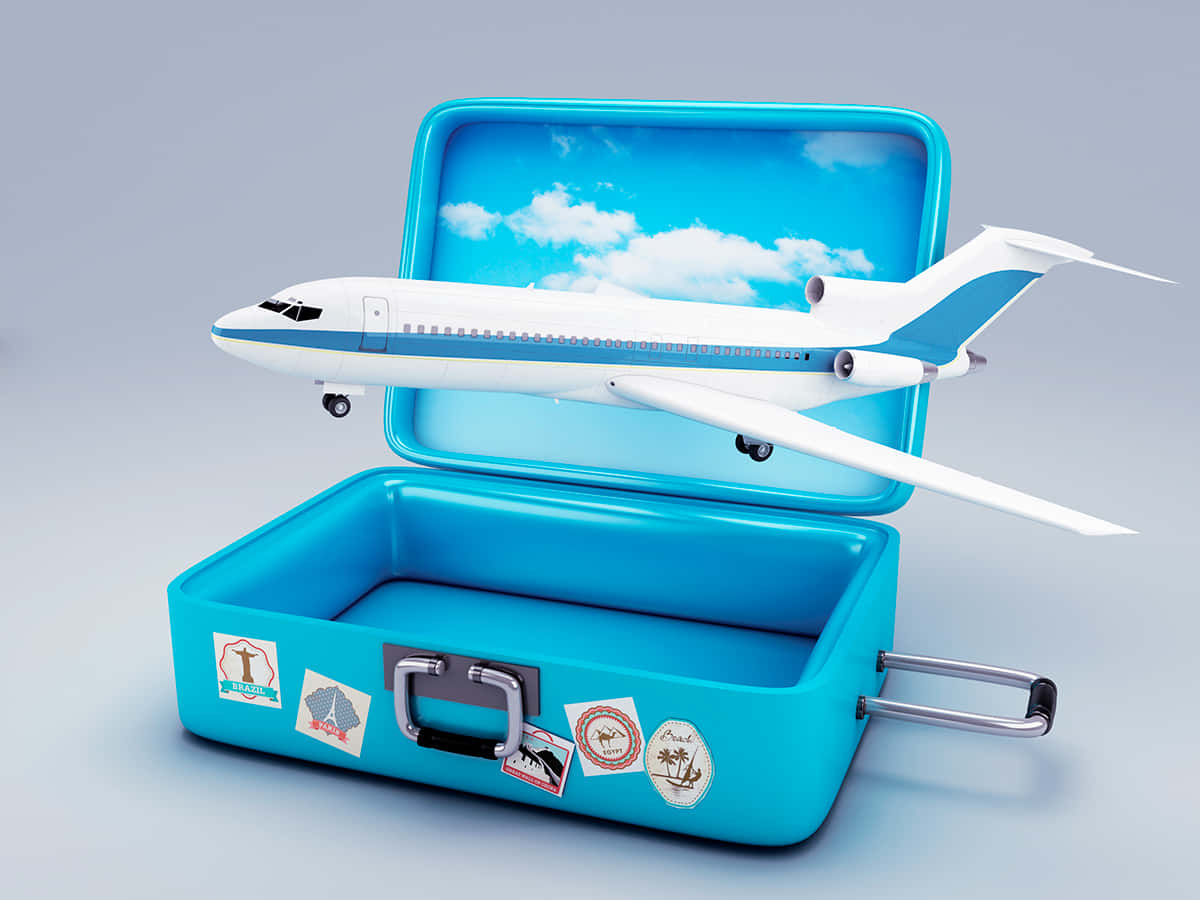 3d travel, bright blue suitcase, travel stickers, SD Desktop Wallpaper