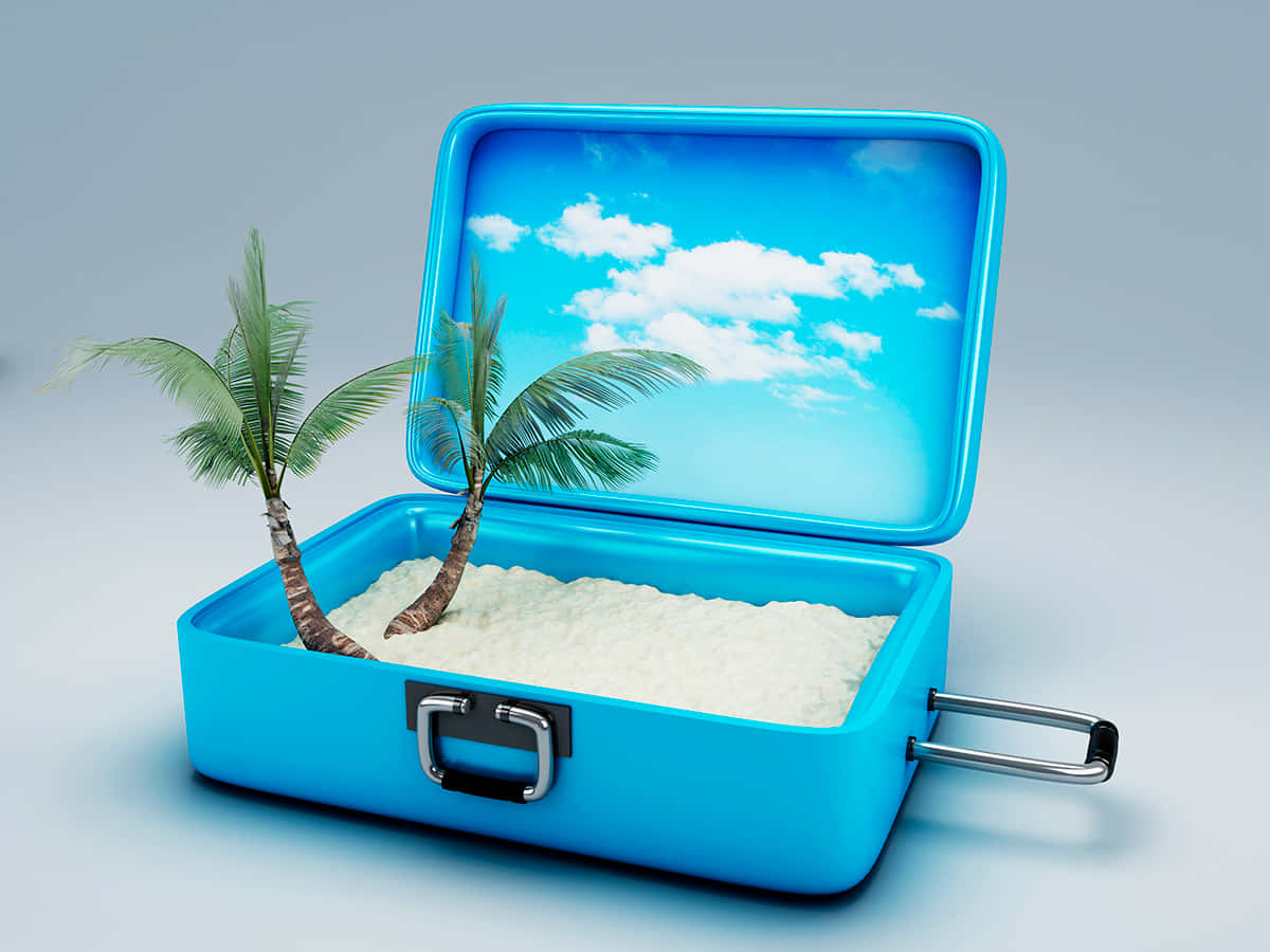3d travel, bright blue suitcase, miniature tropical beach, SD Desktop Wallpaper