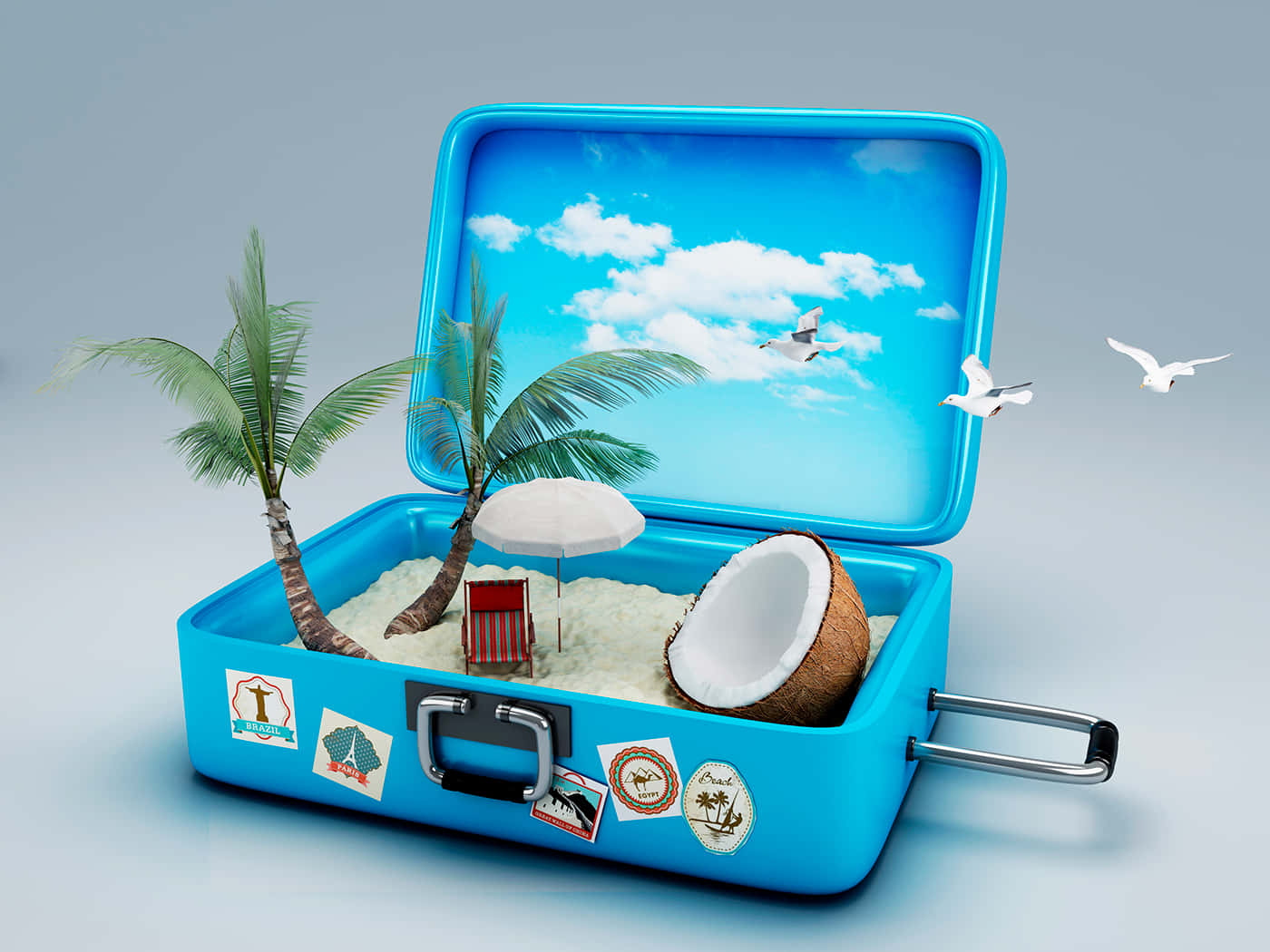 blue suitcase, miniature tropical beach, palm trees, HD Desktop Wallpaper