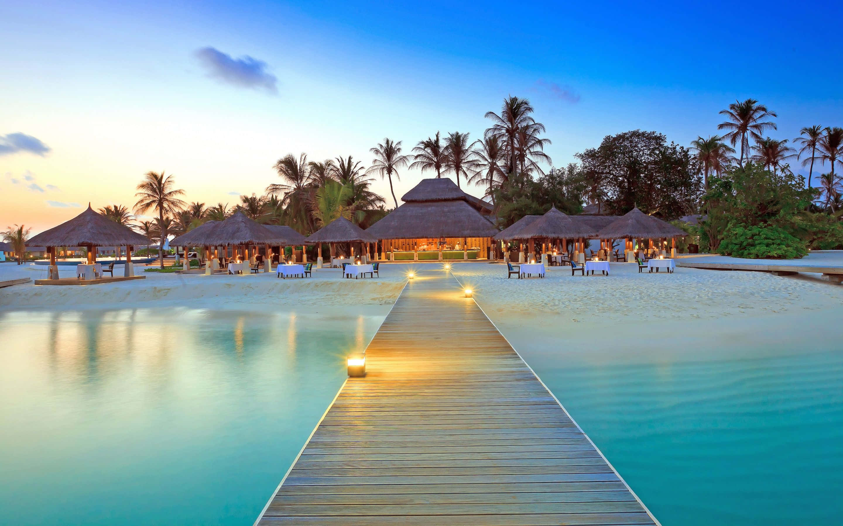 3d travel, wooden pier, turquoise lagoon, 2K Desktop Wallpaper