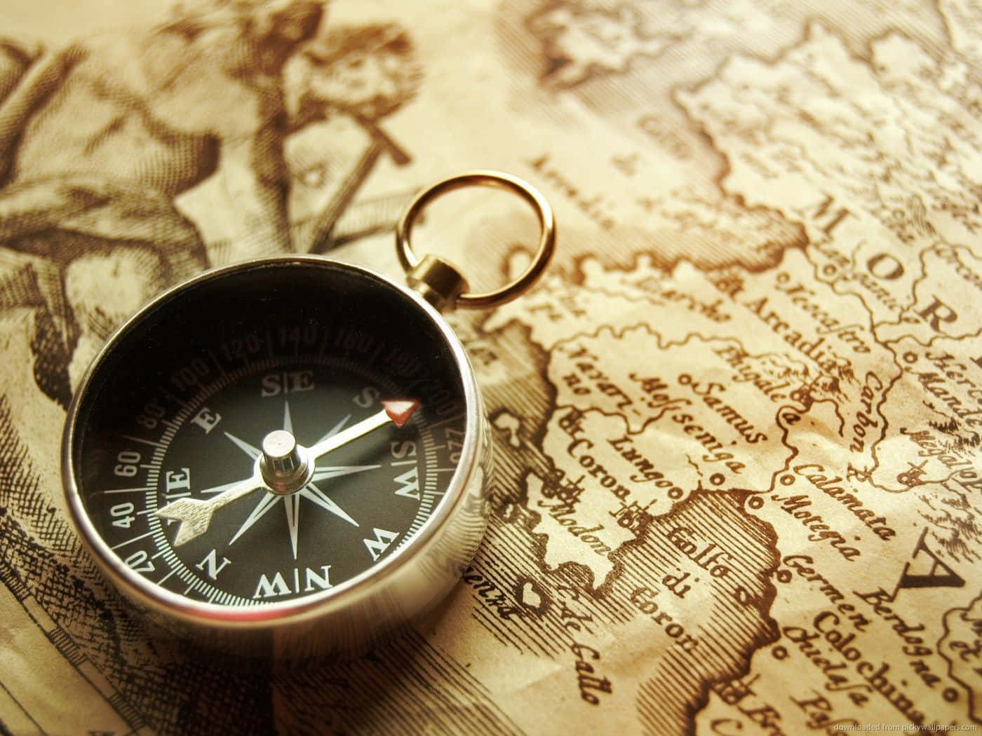 3d travel, vintage brass compass, antique sepia-toned map, HD Desktop Wallpaper