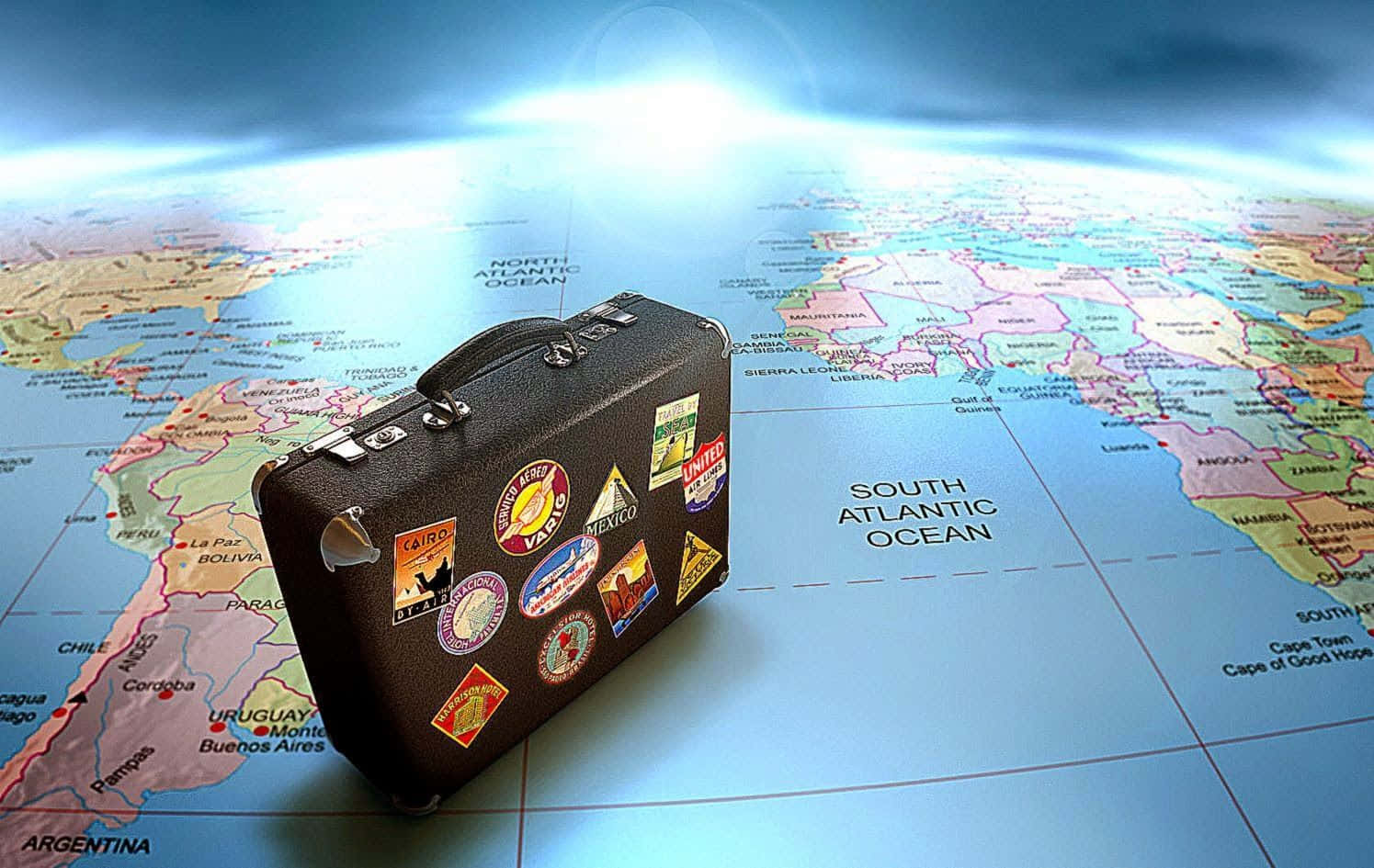 3d travel, vintage suitcase, travel stickers, HD Desktop Wallpaper