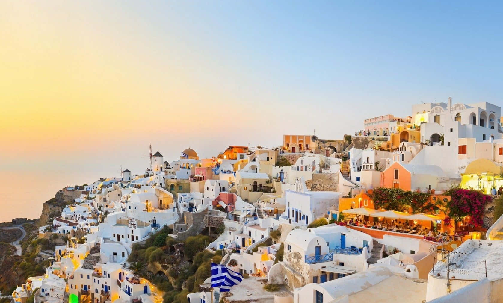Sunset, whitewashed Greek village houses, blue accents, HD Desktop Wallpaper