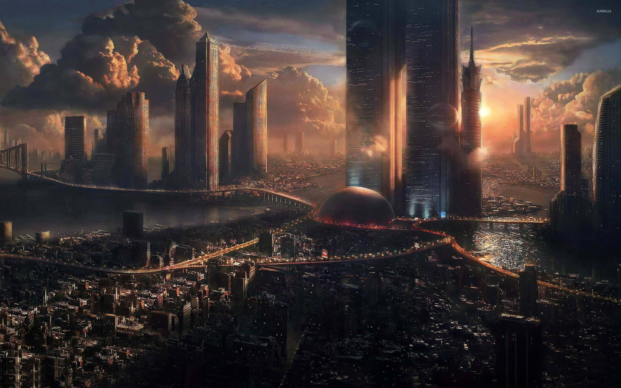 futuristic cityscape, sunset, towering skyscrapers, 2K Desktop Wallpaper