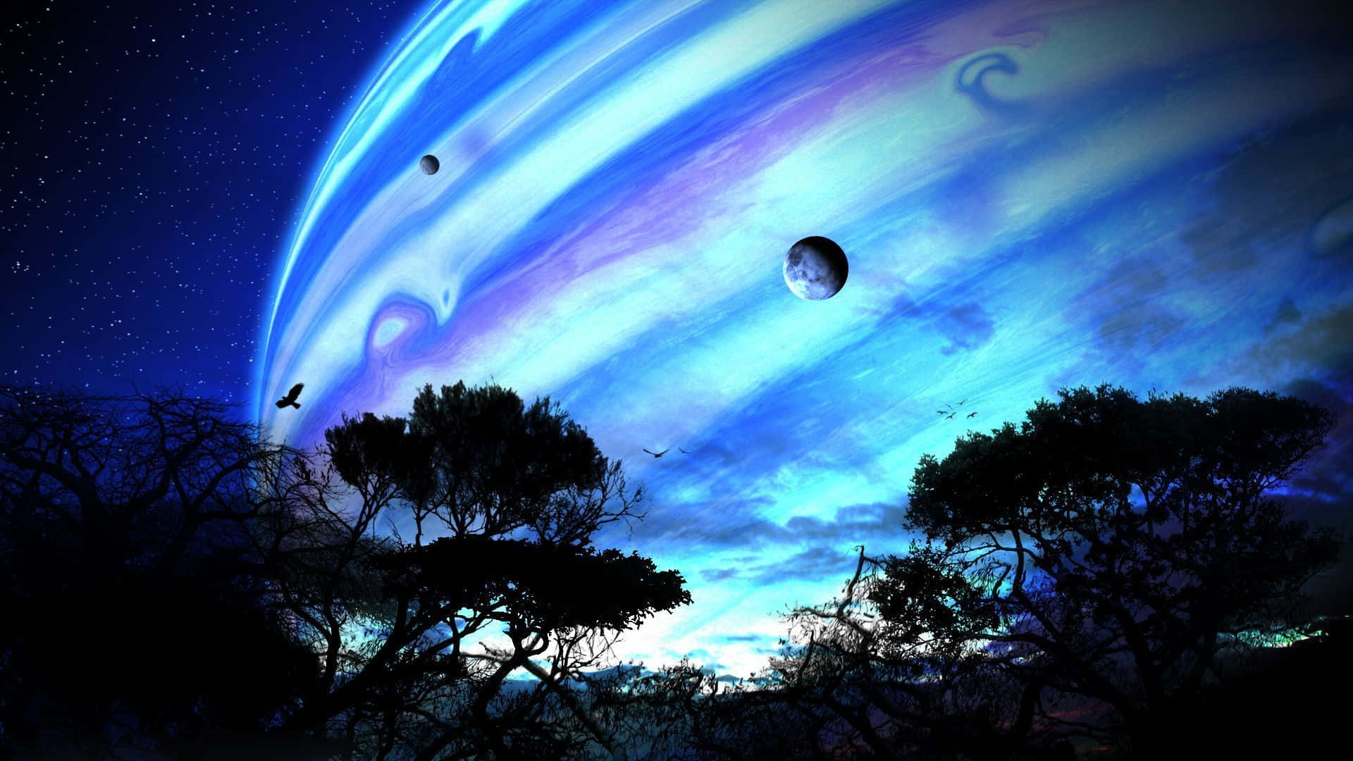 3d space, swirling blue and purple alien planet, moons, Full HD Desktop Wallpaper