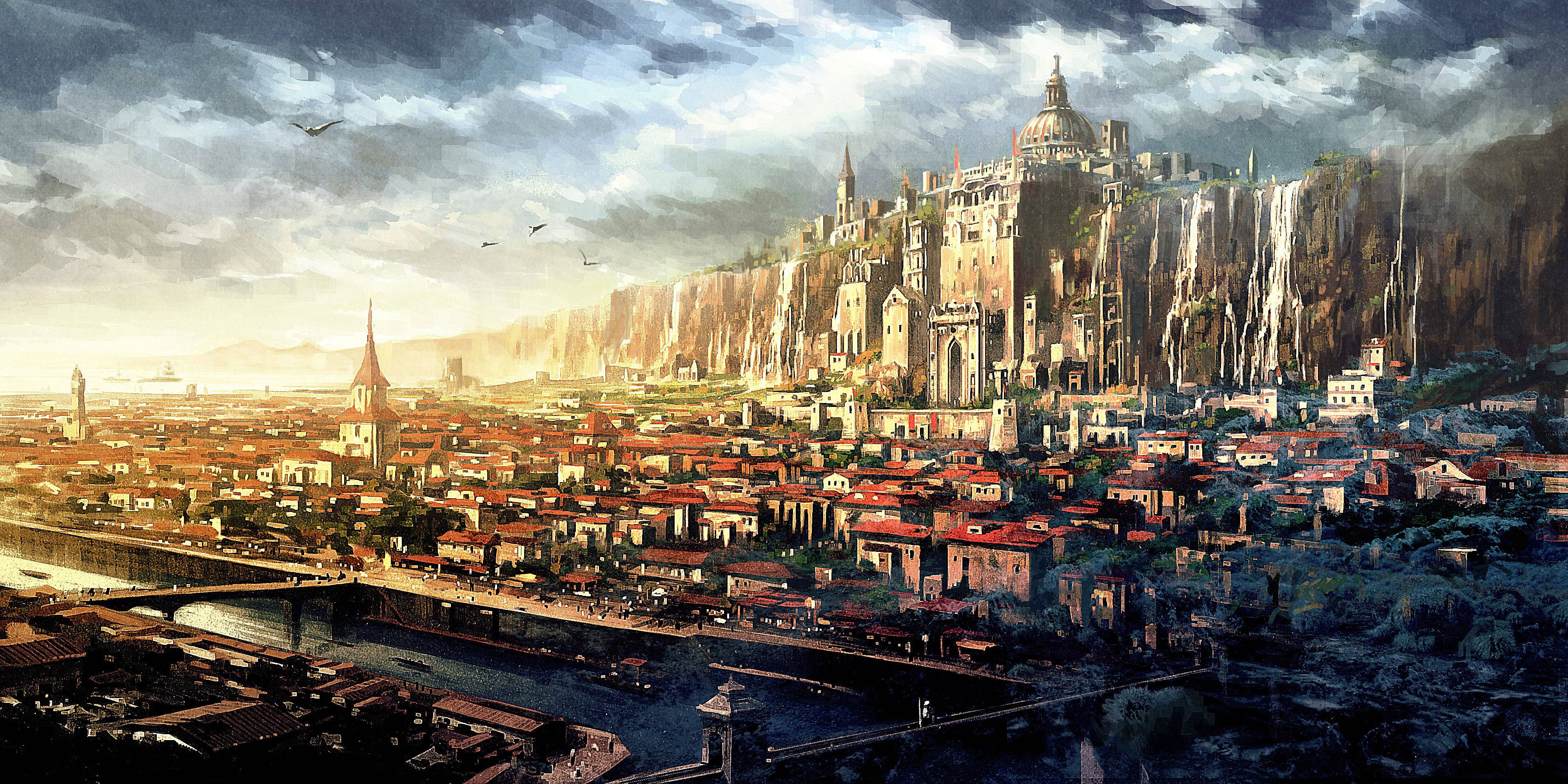 fictional cityscape, river, majestic castle, 4K Desktop Wallpaper