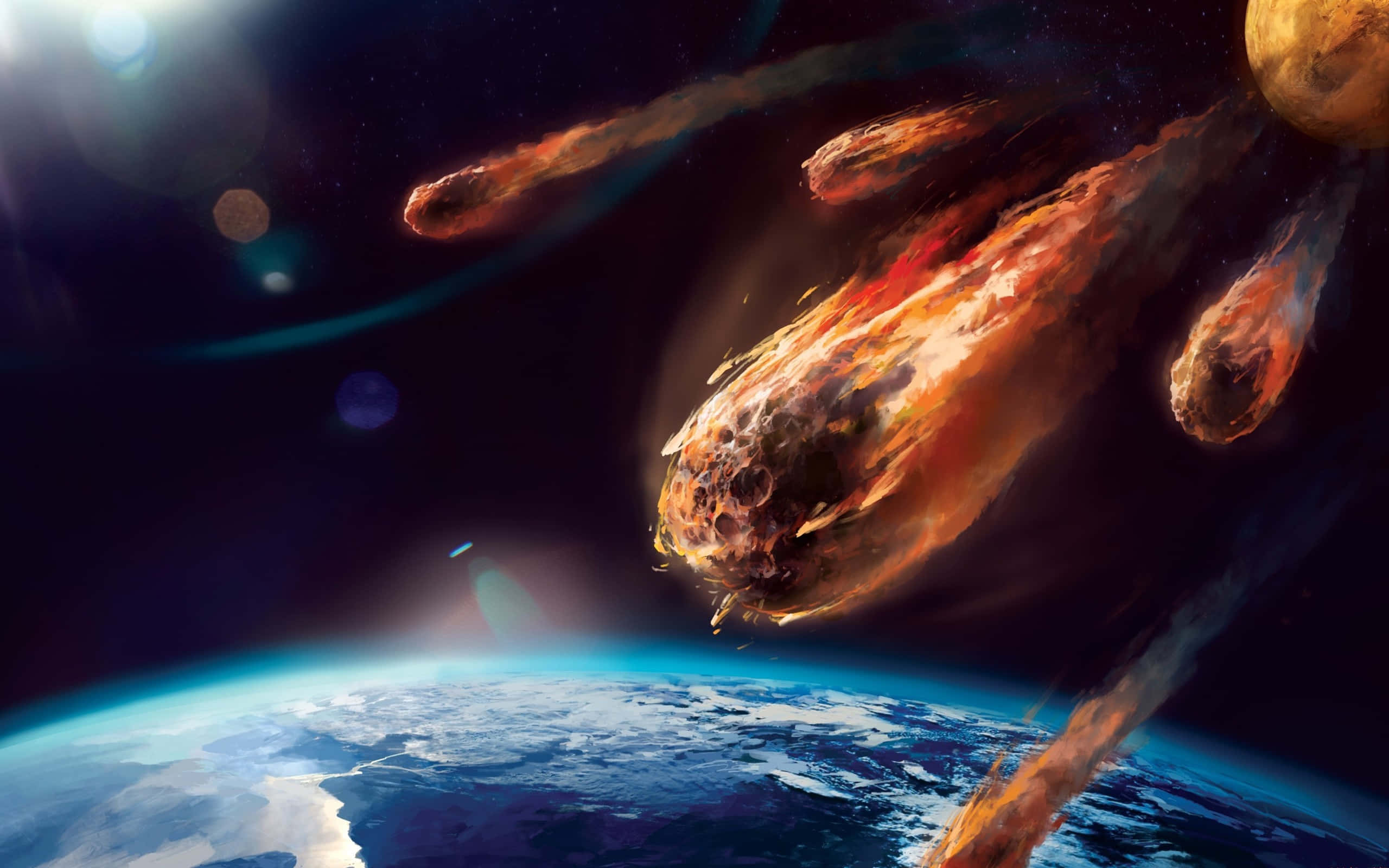 3d space, fiery asteroid swarm, glowing stars, 2K Desktop Wallpaper