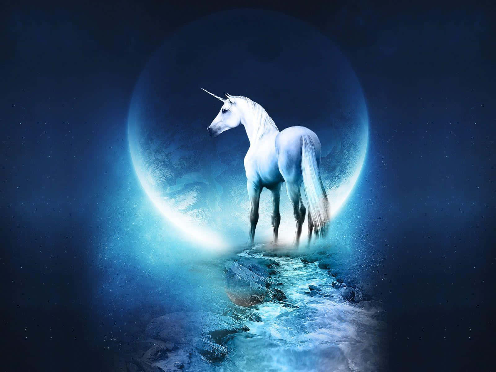 3d unicorn, white unicorn, glowing blue crescent moon, HD Desktop Wallpaper