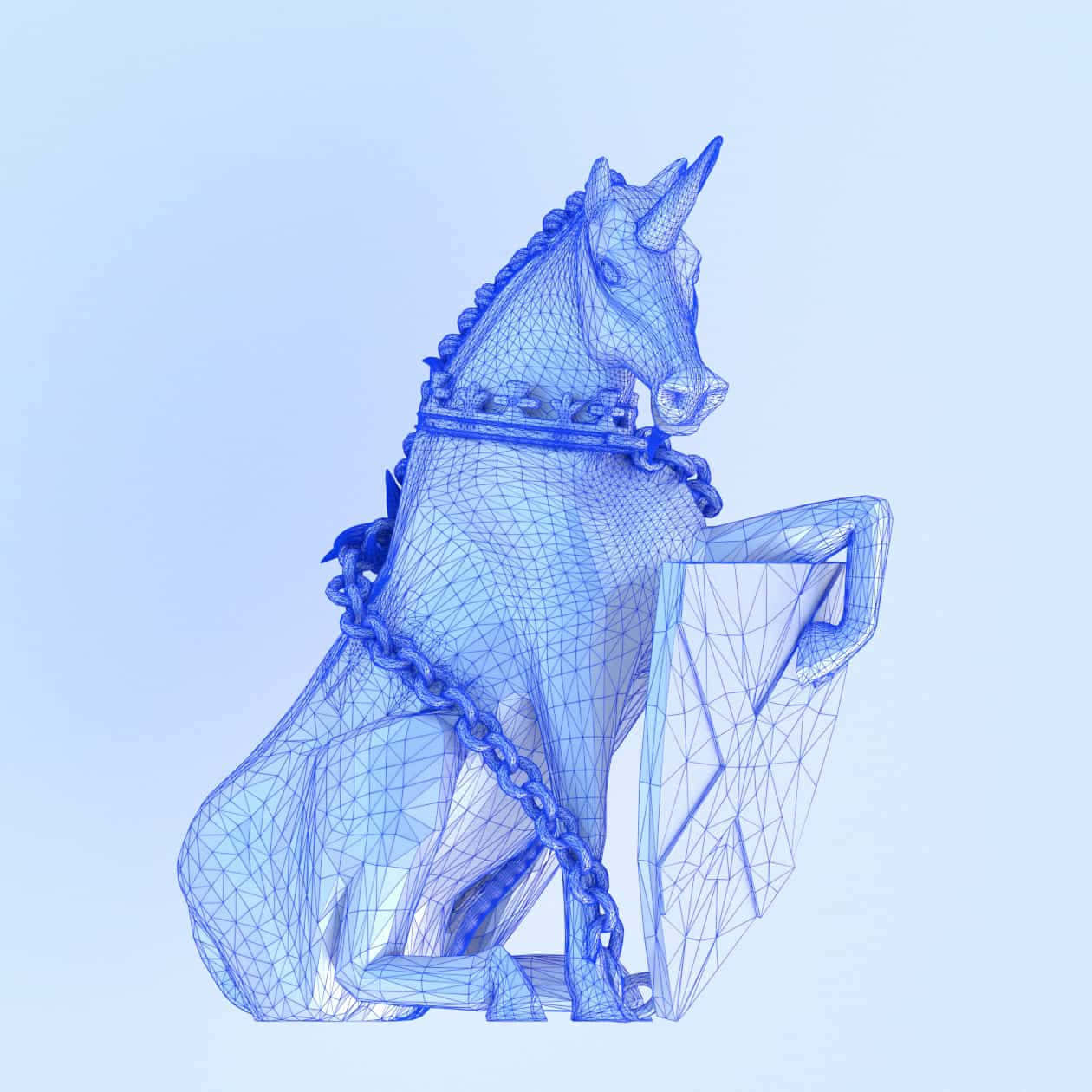 3d unicorn, blue wireframe unicorn statue, shield, SD Desktop Wallpaper