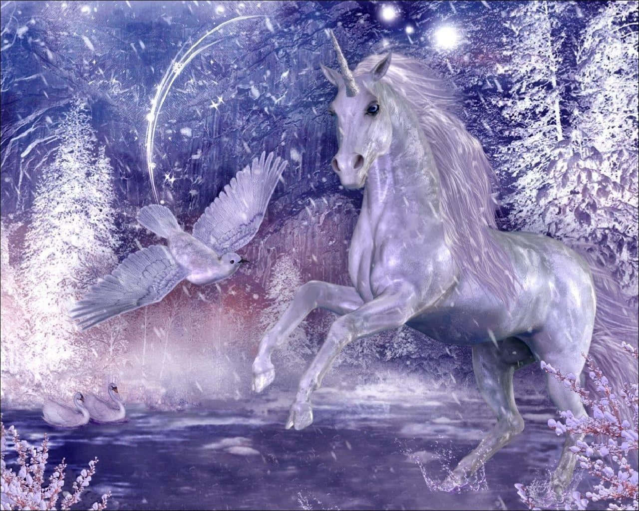 3d unicorn, silver unicorn, snowy forest, HD Desktop Wallpaper