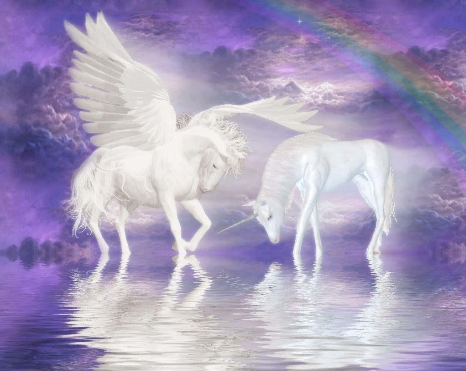 3d unicorn, white winged unicorns, mystical purple pond, HD Desktop Wallpaper