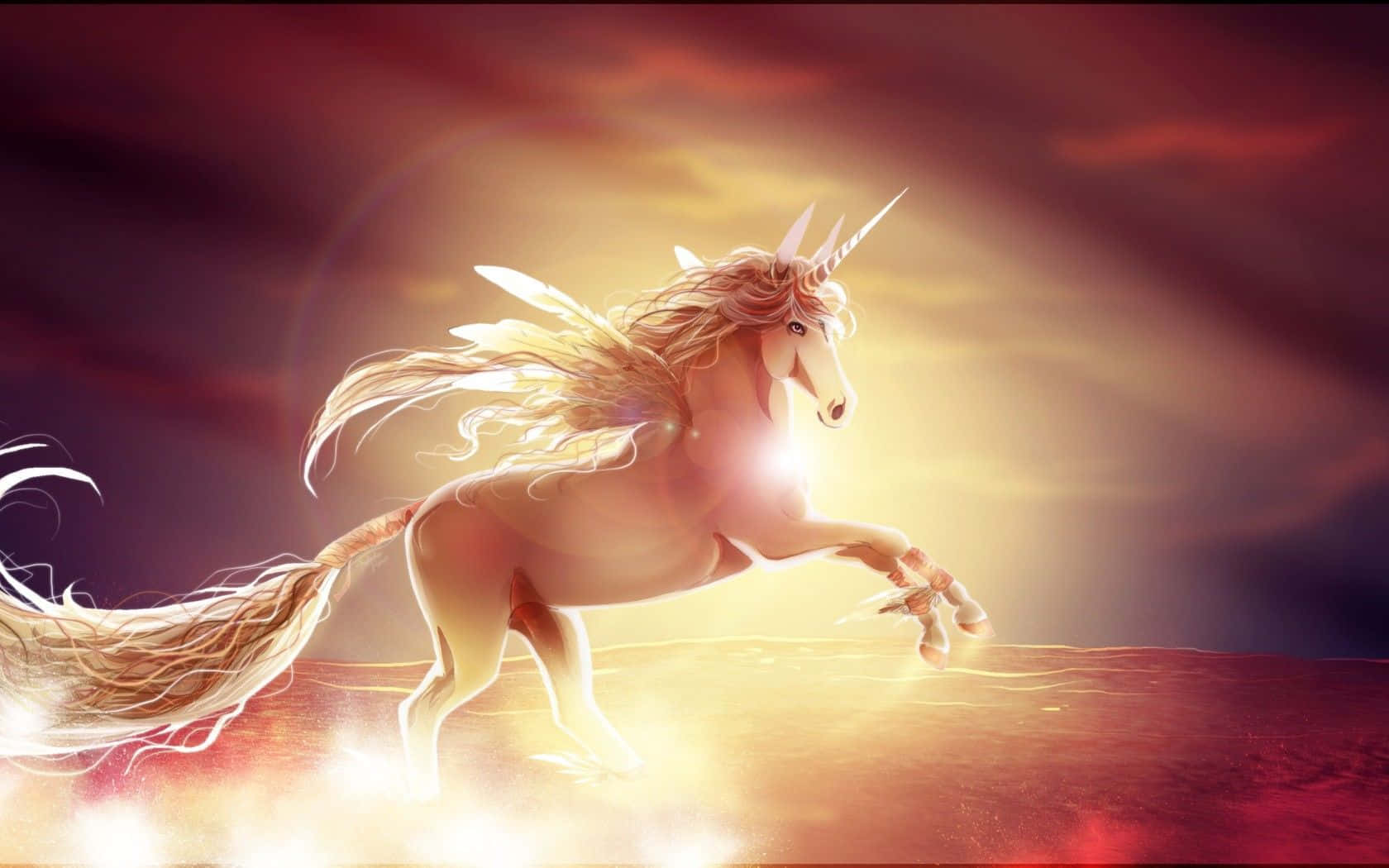 3d unicorn, magical forest, golden unicorn, HD Desktop Wallpaper