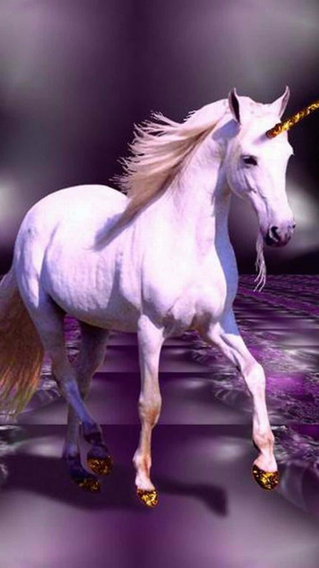 3d unicorn, white unicorn, golden horn, Full HD Phone Wallpaper