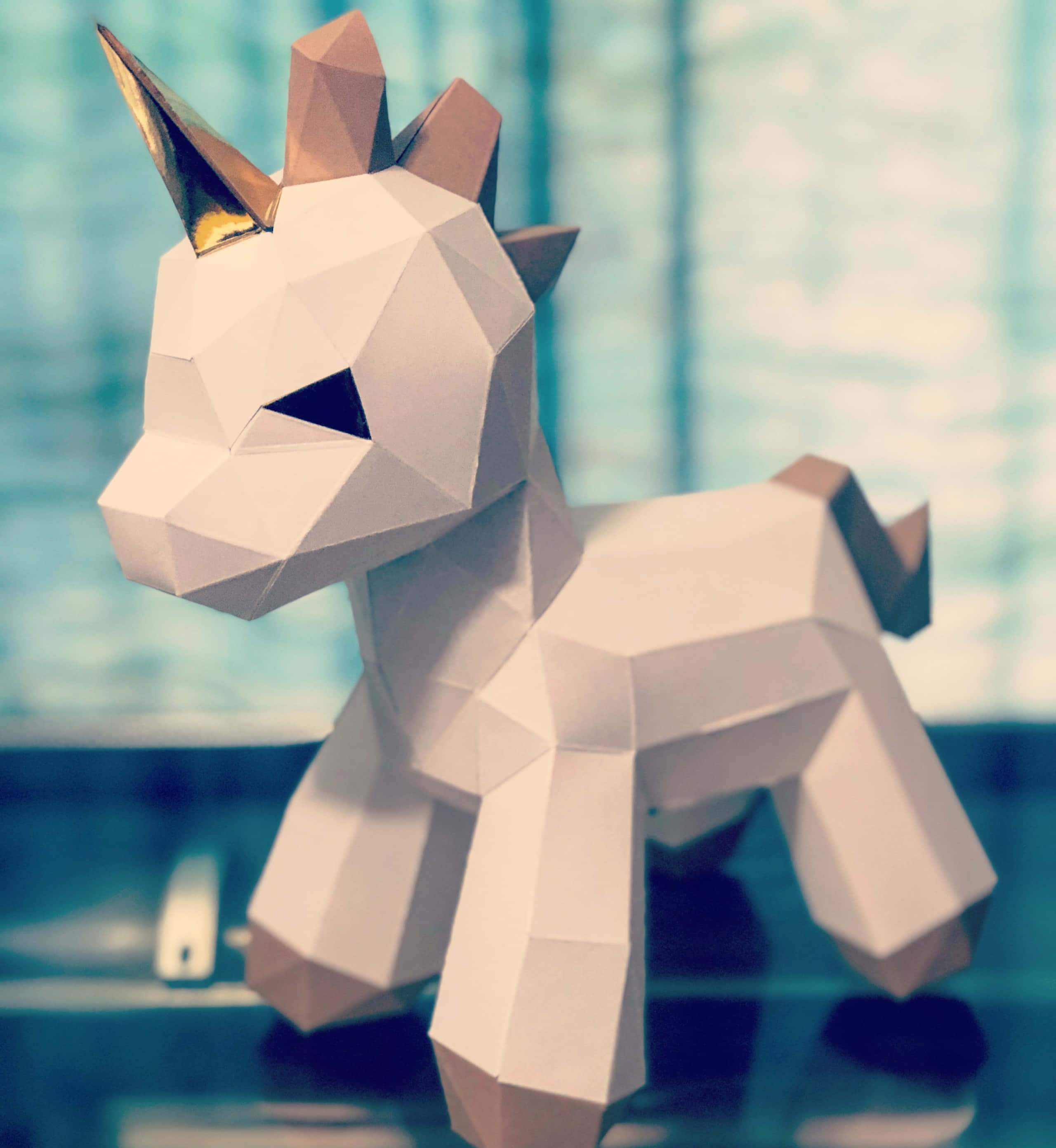 3d unicorn, geometric paper unicorn, gold horn, 2K Phone Wallpaper