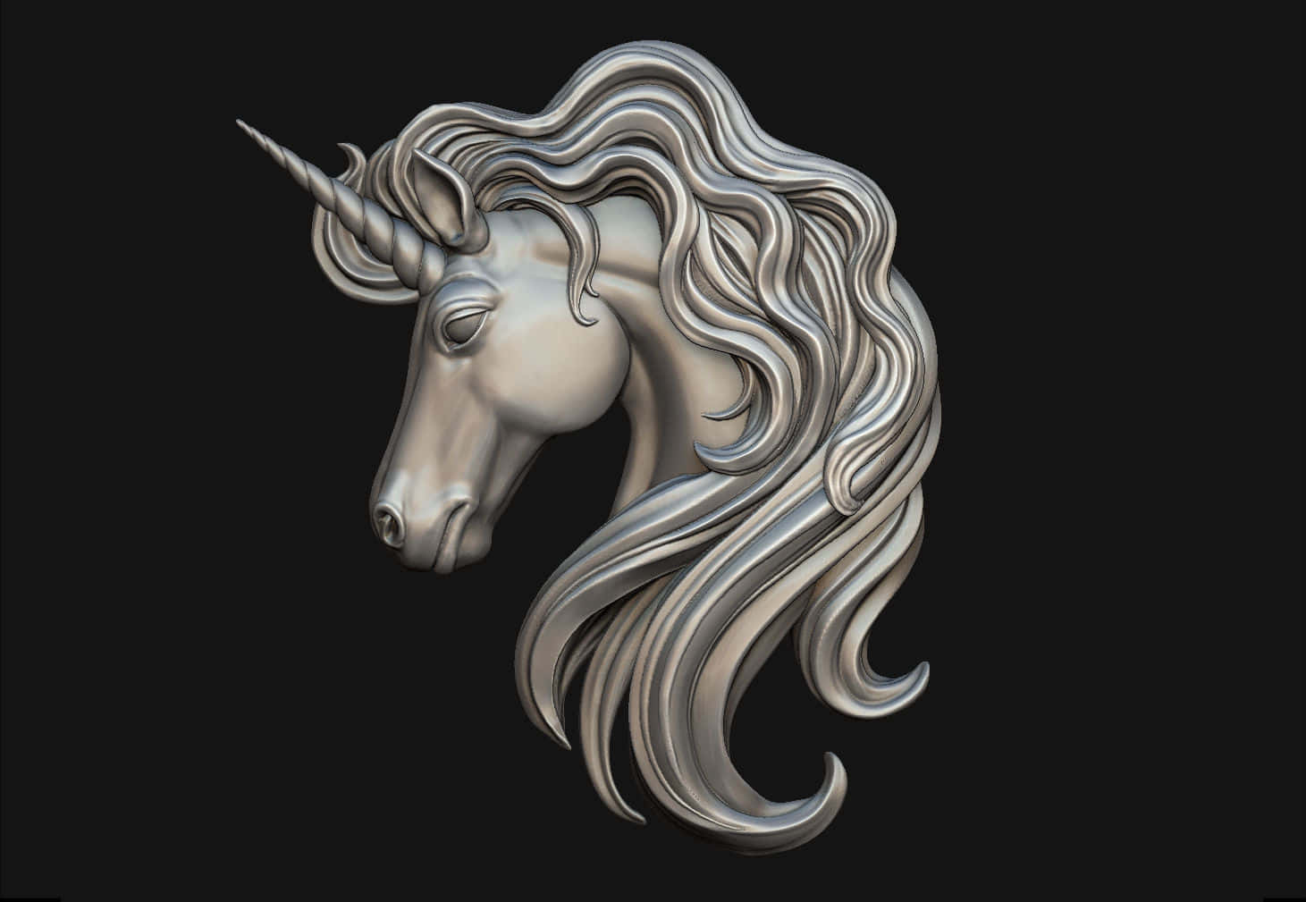 3d unicorn, sleek silver unicorn head sculpture, flowing mane, HD Desktop Wallpaper
