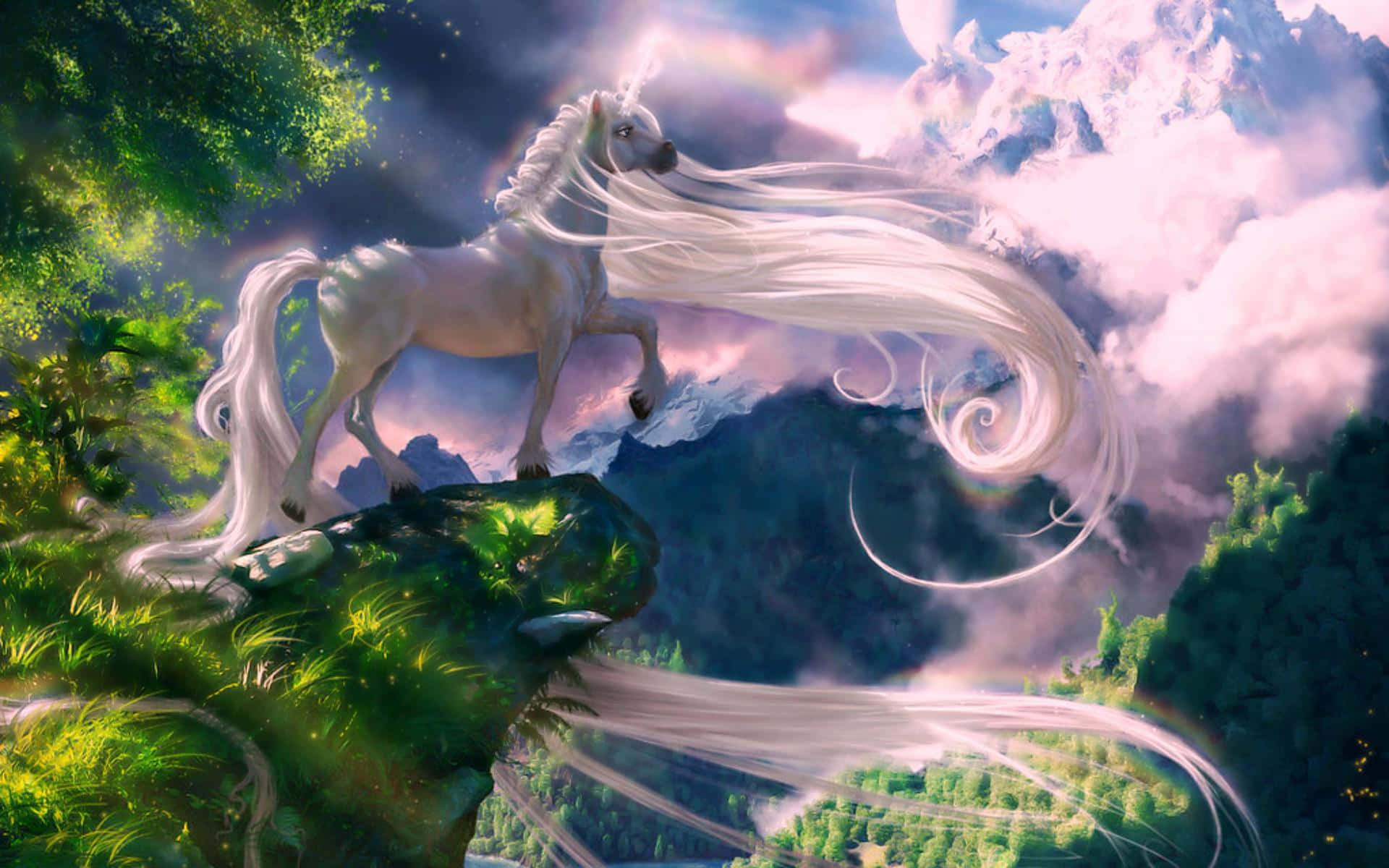 3d unicorn, mossy cliff, valley, Full HD Desktop Wallpaper