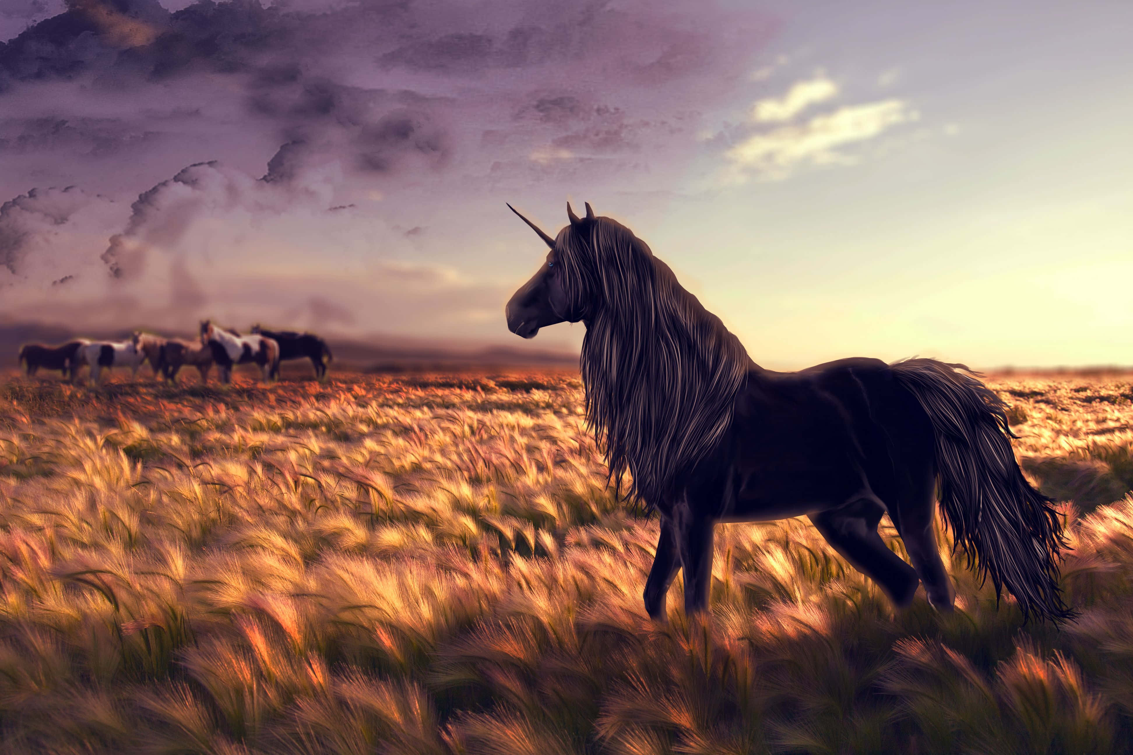 3d unicorn, black unicorn, flowing mane, 4K Desktop Wallpaper