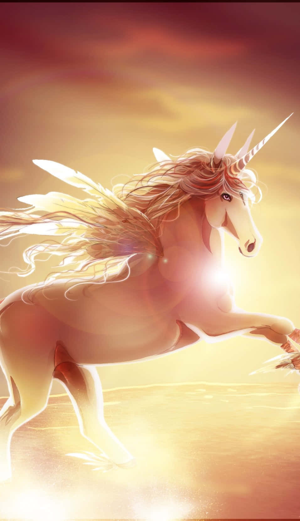 3d Unicorn, golden sunset sky, winged unicorn, HD Phone Wallpaper