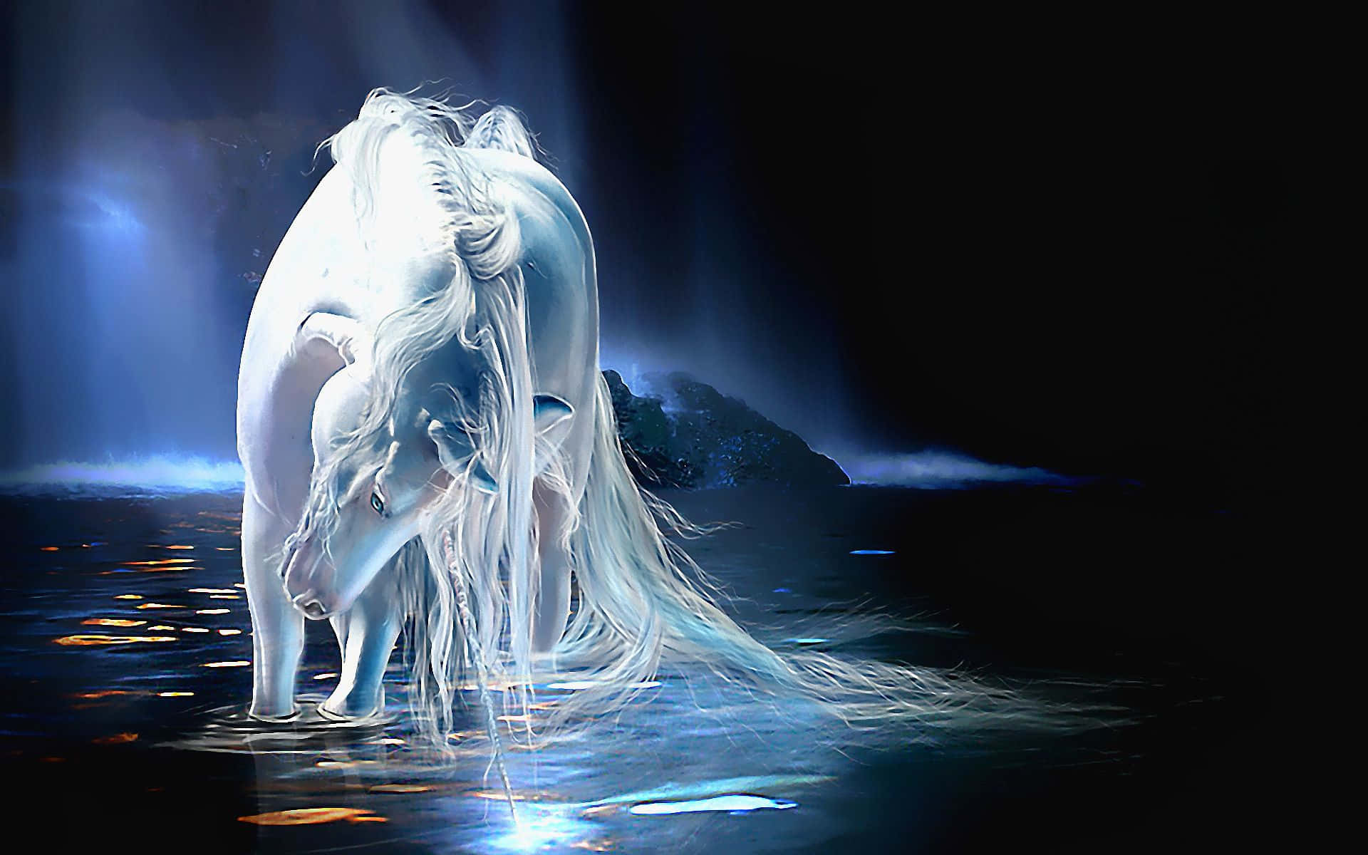 3d unicorn, luminous white horse, flowing mane, Full HD Desktop Wallpaper