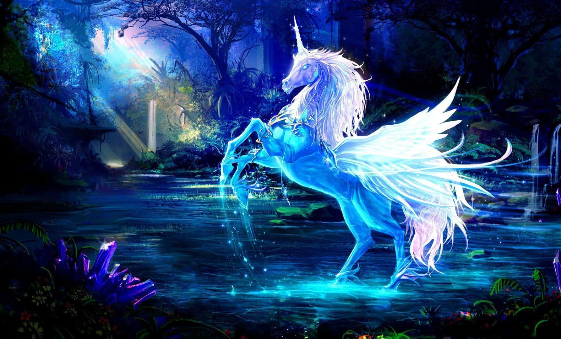 3d unicorn, glowing blue unicorn, wings, HD Desktop Wallpaper
